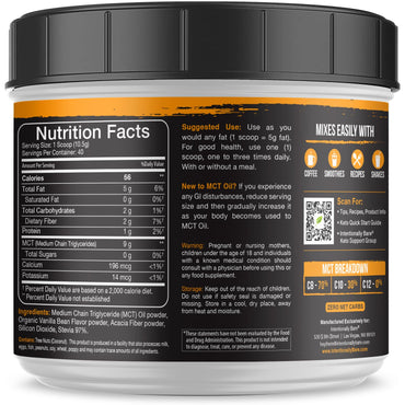 Intentionally Bare MCT Oil Powder French Vanilla MCT Coffee Creamer - C8 MCT Oil Powder for Energy & Metabolism - No Grit Keto Energy Blend Excellent in Baking, Shakes & Creamer for Coffee - 40 Ser