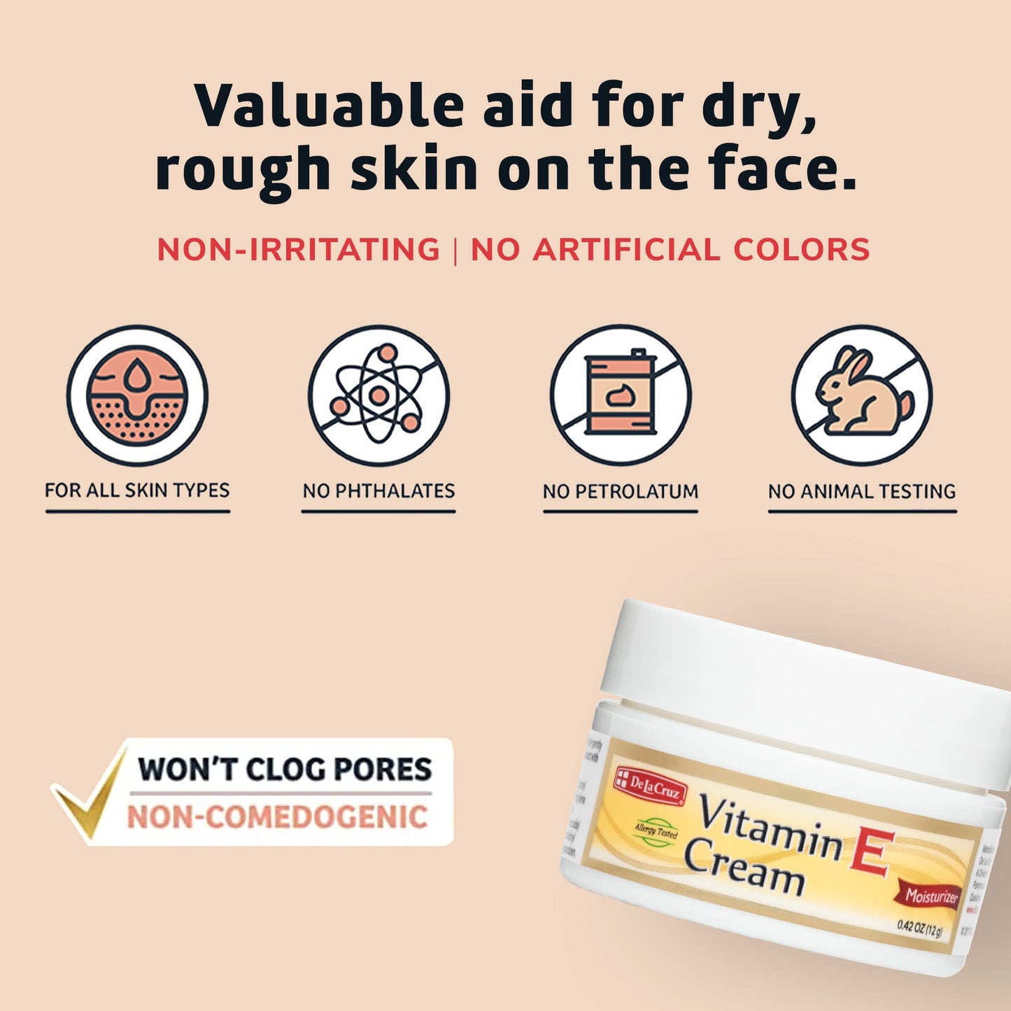 De La Cruz Vitamin E Cream for Face and Neck - Moisturizing Skin Care for All Skin Types - 0.42 oz trial + 4 oz Bundle - Made in USA