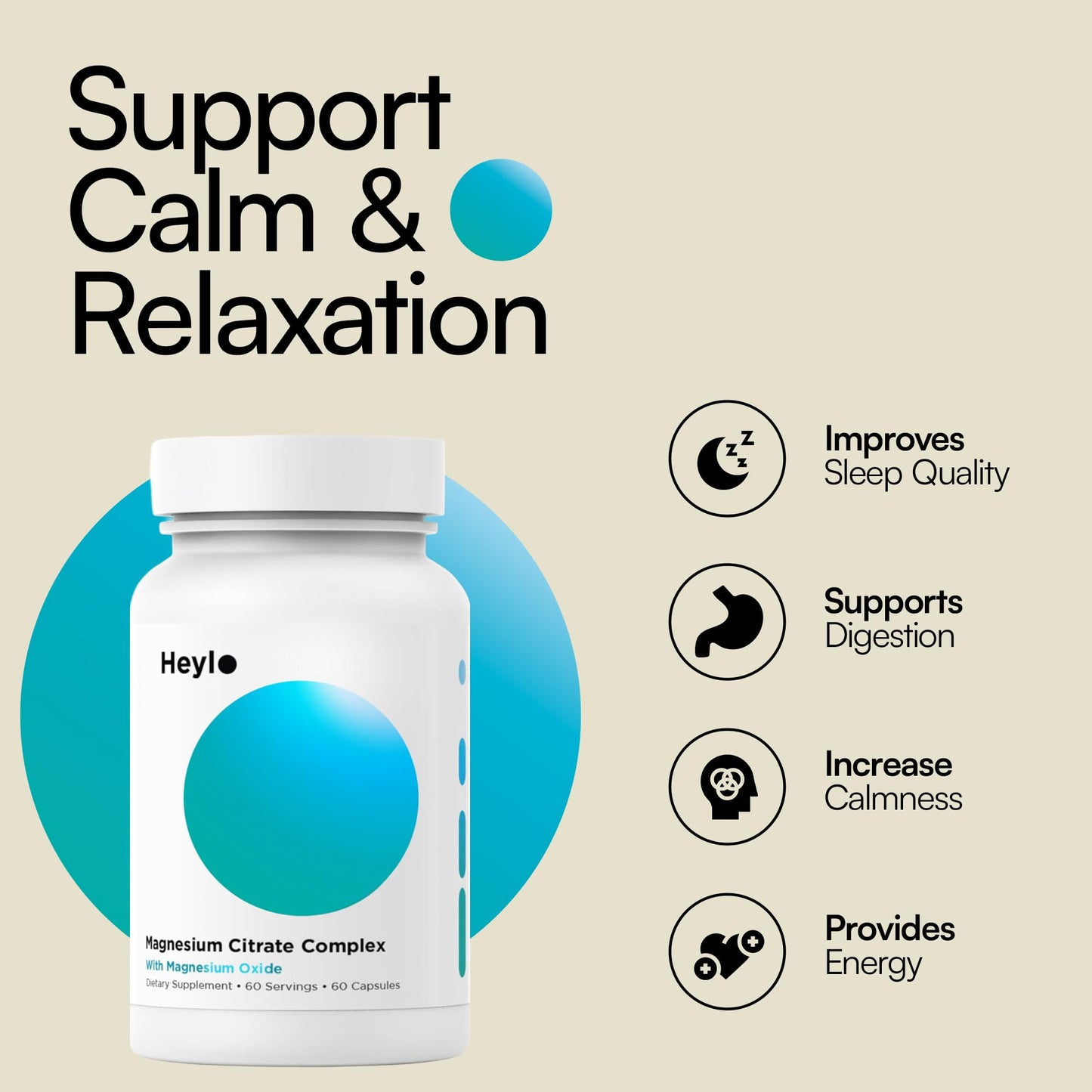 Heylo Magnesium Citrate Complex 500 mg - High Absorption Formula for Muscle Relaxation, Energy Support, Bone & Heart Health, Digestion, Stress Relief - Non-GMO, Vegan, 60 Capsules