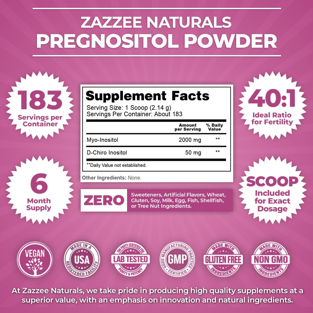 Zazzee PREGNOSITOL Powder, 6 Month Supply, Myo-Inositol and D-Chiro-Inositol 40:1 Fertility Blend, Free Scoop for Exact Dosage, Premium Balanced Formula, 183 Servings, Vegan, All-Natural and Non-GMO