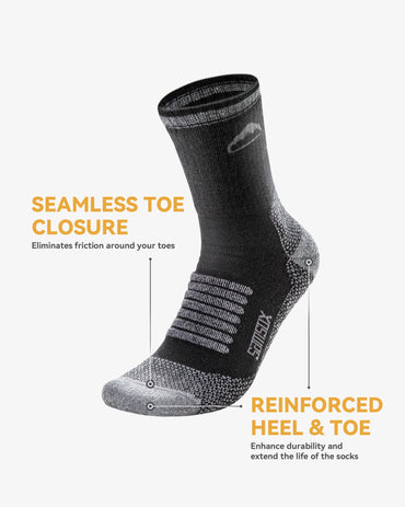 SAMSOX 2-Pack Merino Wool Hiking Sock, Made in USA, Black/Grey M