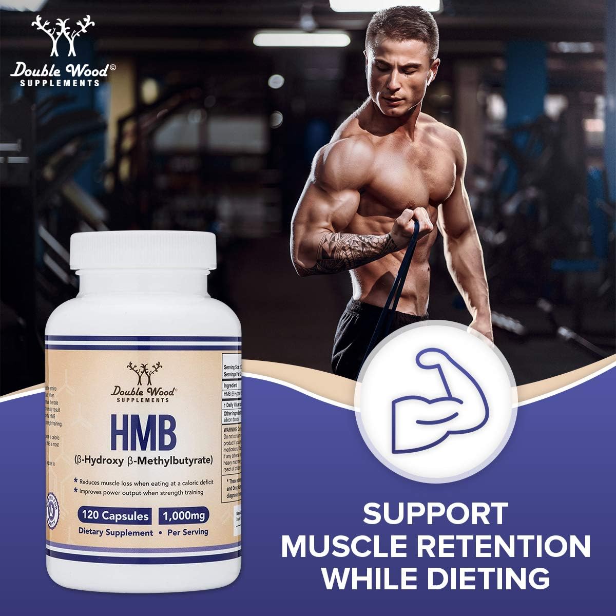 Double Wood Supplements HMB Supplement, Third Party Tested, Non-GMO, Gluten Free, 120 Capsules, 1000mg per Serving, 500mg per Capsule