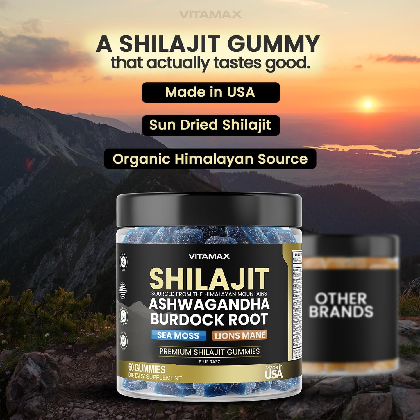 Organic Shilajit Gummies, Sea Moss, Ashwagandha, 105+ Trace Minerals – Organic Burdock Root & Lions Mane Mushroom - Blue Razz – Vegan & Non-GMO – Made in USA – 60ct