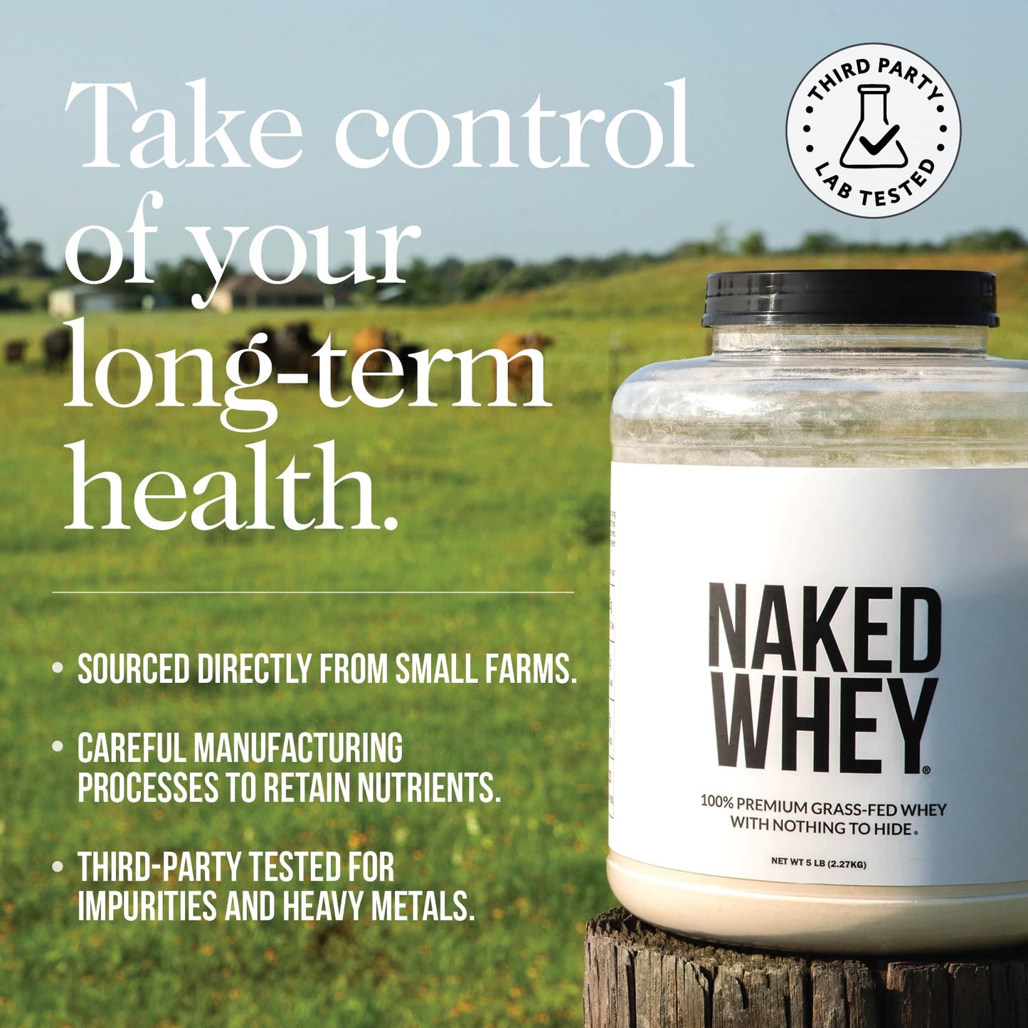 NAKED WHEY 5LB 100% Grass Fed Whey Protein Powder - Only 1 Ingredient, Undenatured - No GMO, Soy or Gluten - No Preservatives - Promote Muscle Growth and Recovery - 76 Servings