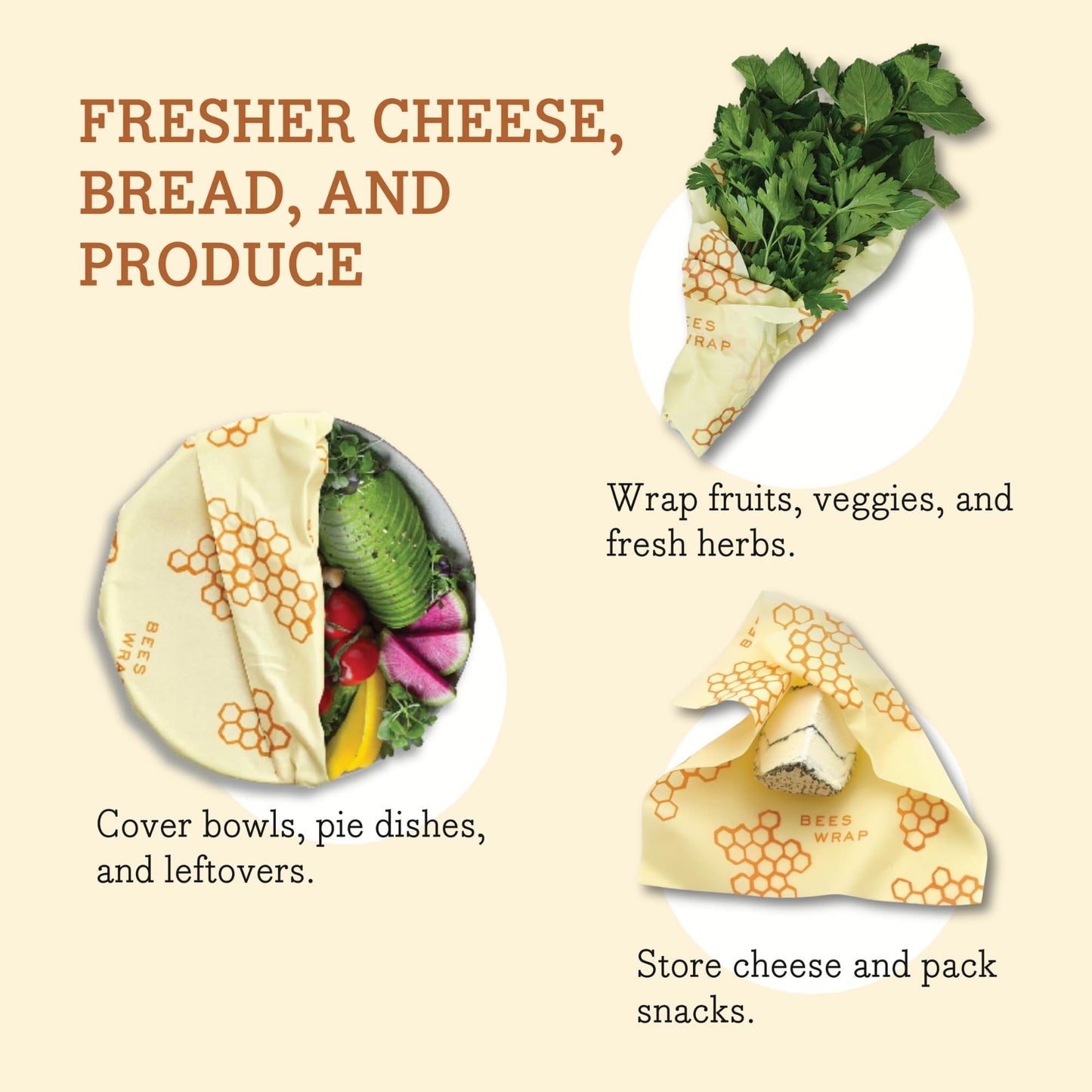 Bee's Wrap Reusable Beeswax Food Wraps Made in The USA, Eco Friendly Beeswax Wraps for Food, Sustainable Organic Cotton Wraps, Assorted 3 Pack (S, M, L), Honeycomb