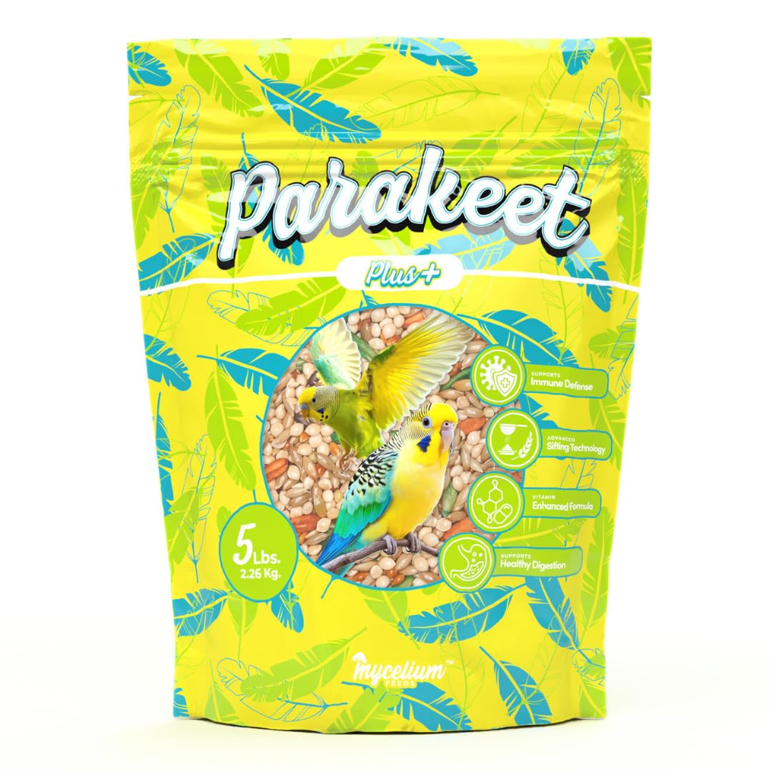 Mycelium Parakeet Plus Bird Seed (5 LB Bag) | Organic Bird Food Fortified with Vitamins for Immune & Digestive Support | Daily Nutrition for Parakeets & Budgies | Non-GMO, Clean Seed Blend | USA Made