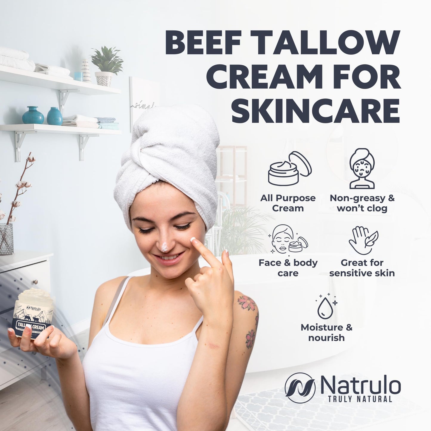 Beef Tallow Cream – All Natural Grass Fed Beef Tallow and Honey All Purpose Balm – Moisturizing Face and Body Lotion for Eczema, Cracked, Dry, Itchy, Irritated Skin – Skin Repair Skincare Made in USA