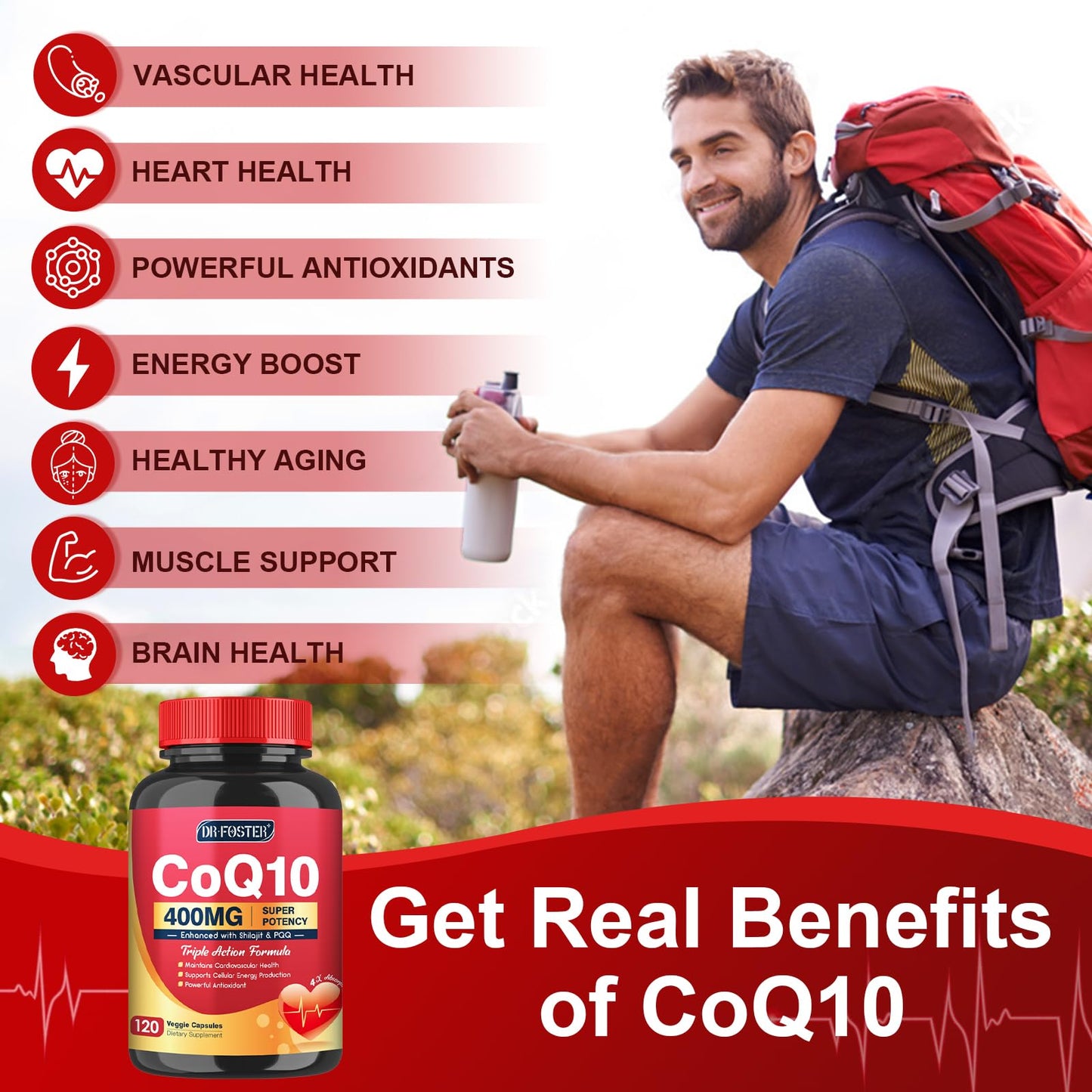 DRFOSTER CoQ10 400mg-High Absorption Coenzyme Q10 Supplements with PQQ, Shilajit & Vitamin E, Powerful Antioxidant for Heart & Brain Health and Energy-Production 120 Veggie Capsules
