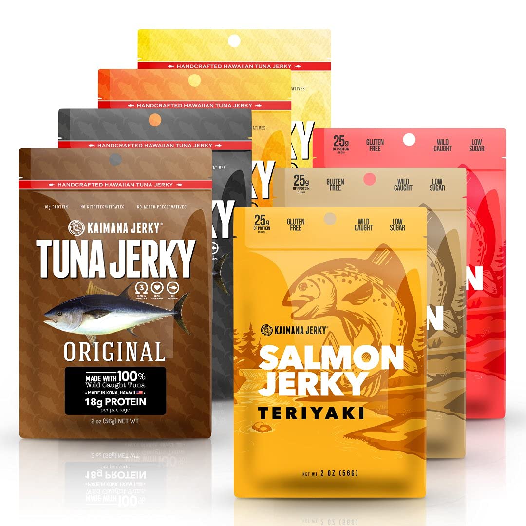 Kaimana Jerky Ahi Tuna & Salmon Sampler Pack - All Natural & Wild Caught Fish Jerky. Made in USA. 23g Protein, Omega-3's and Low Sugar
