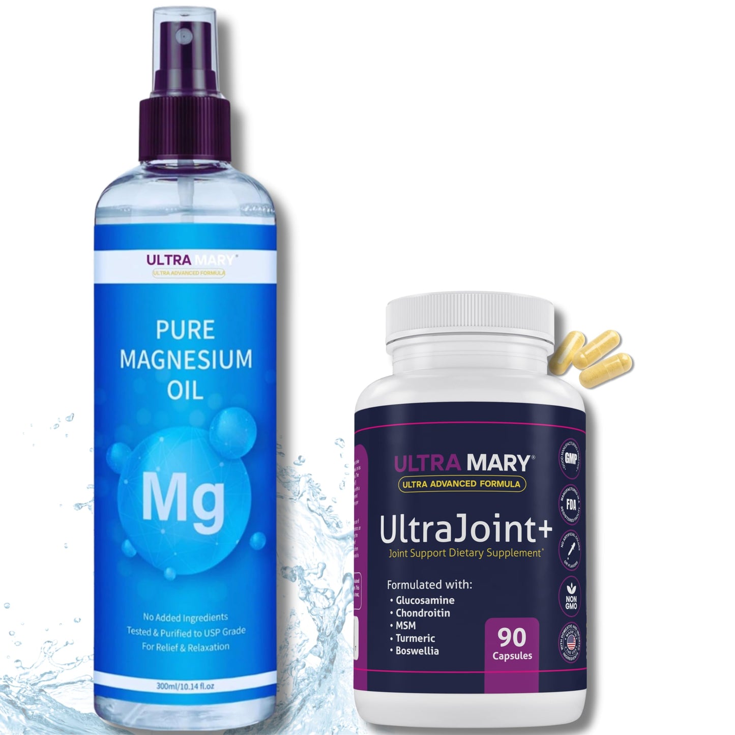 Joint Support UltraMary+(90 Capsules)+Pure Magnesium Oil Spray(300 ml) Combo–Glucosamine 1500mg, Chondroitin, MSM,Turmeric & Boswellia–Mobility, Flexibility & Muscle Relief|Articulaciones & Músculos