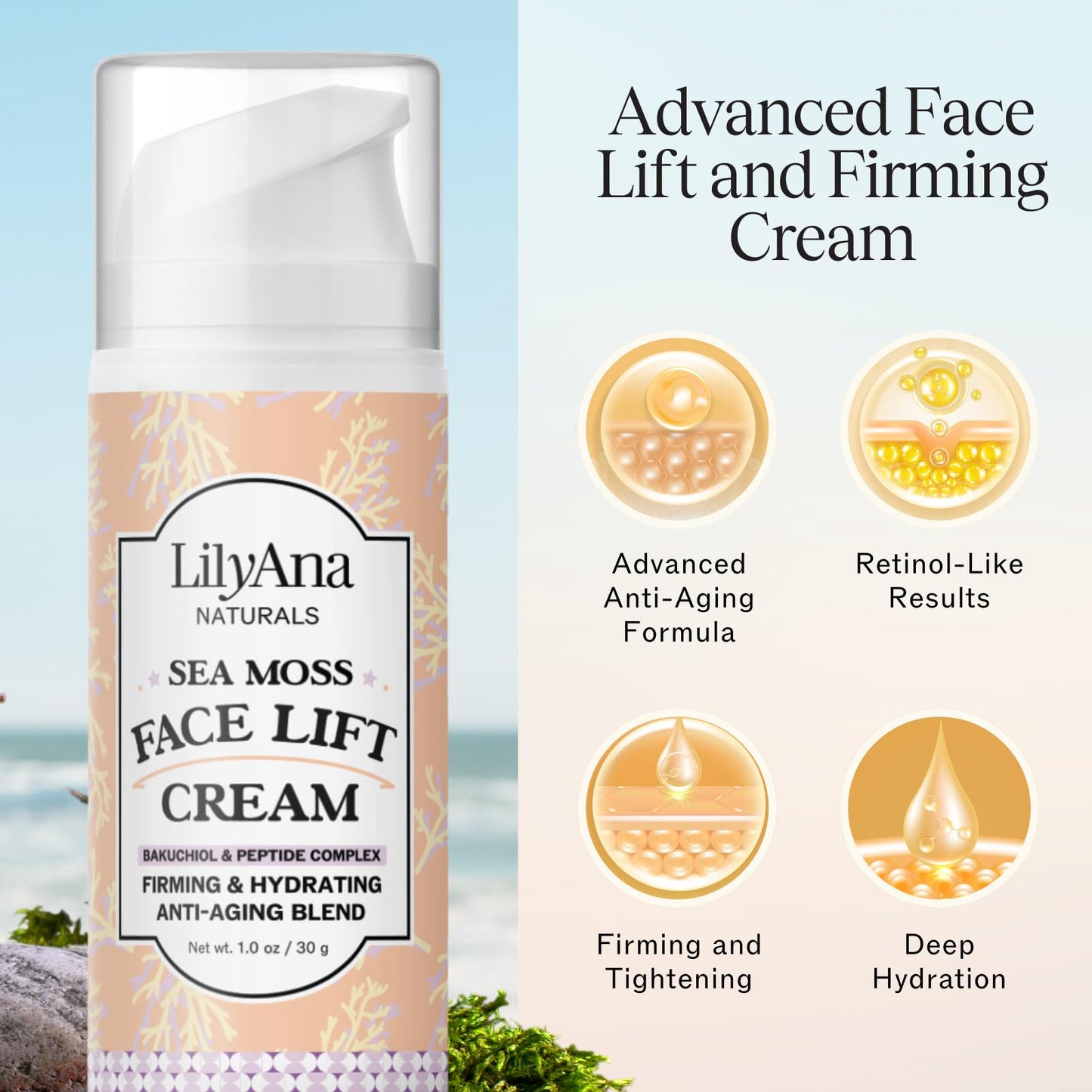 LilyAna Naturals Bakuchiol Face Lift Cream with Sea Moss and Peptide Complex - Face Cream for Women - Moisturizing and Lifting Facial Cream - Anti-Aging Overnight Moisturizer - Made in the USA