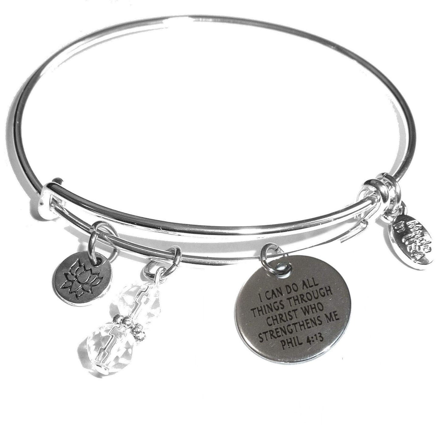 Women's Made In USA Stainless Steel Message Charm Expandable Wire Bangle Bracelet, Popular, Stylish and Trendy, Arrives in a Gift Bag. (I can do all things through Christ who strengthens me)