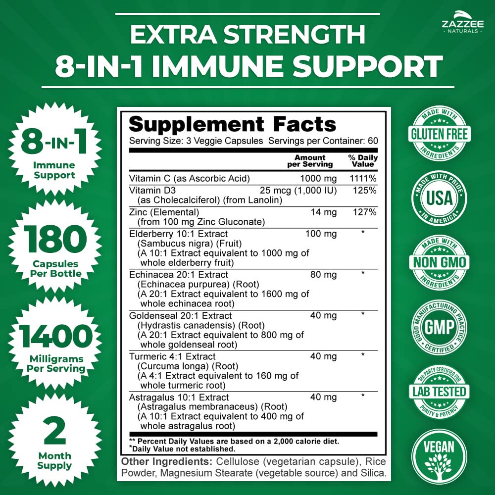 Zazzee Extra Strength 8-in-1 Immune Support, 1400 mg per Capsule, 180 Vegan Capsules, 1000 mg Vitamin C, 1000 IU D3, Zinc, Elderberry, Echinacea, Goldenseal, Turmeric, Astragalus, Made in The USA
