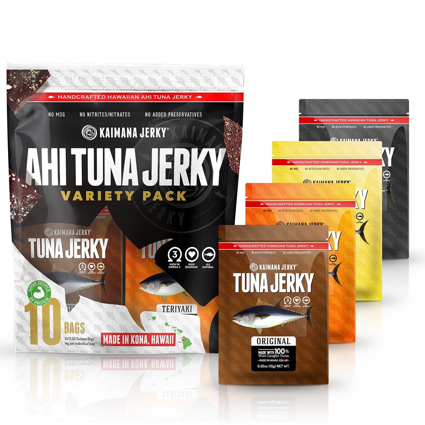 Kaimana Jerky Ahi Tuna Sampler Bundle - All Natural & Wild Caught Tuna Jerky. Made in USA. 9g Protein & Good Source Of Omega-3's (10 pack, 0.50 oz)