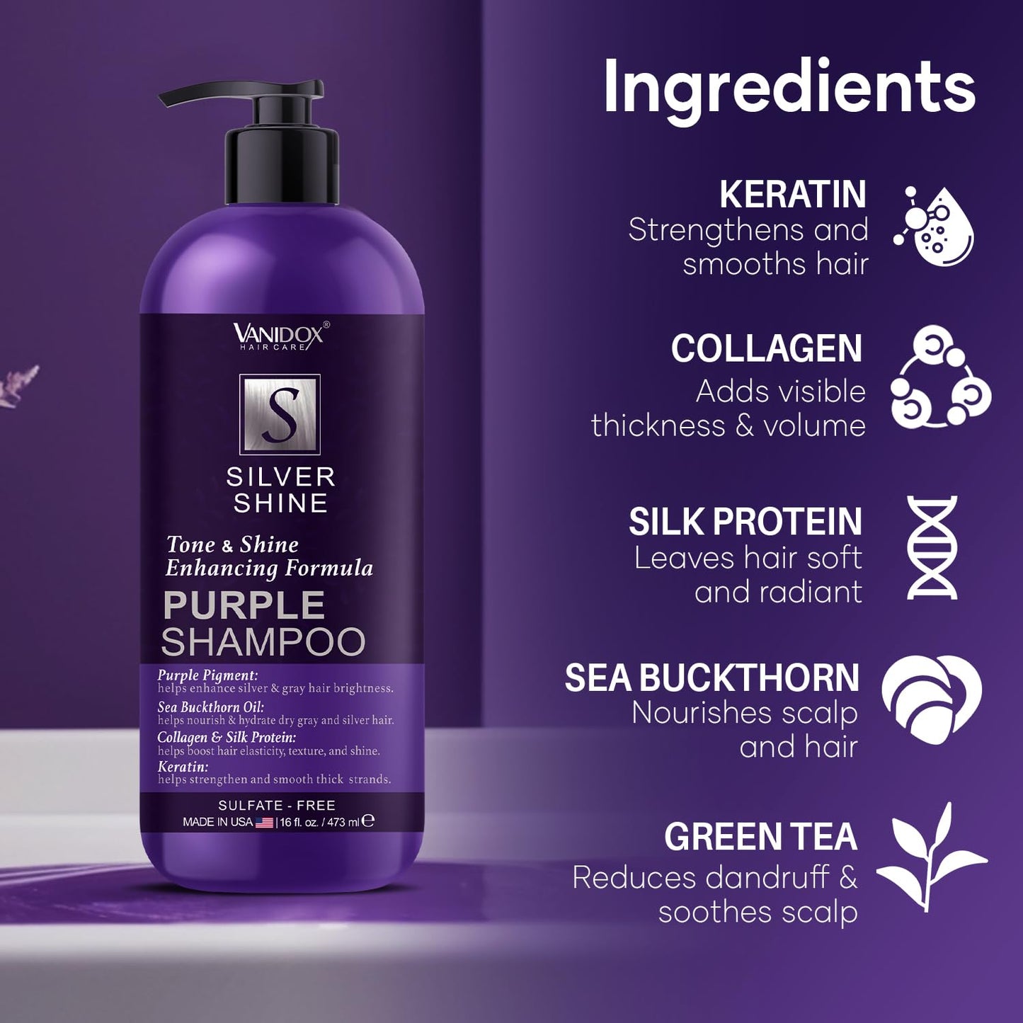 VANIDOX Brass Toning Purple Shampoo for Grey and Silver Hair, Infused with Purple Pigment, Sulfate Free Shampoo for Gray and Silver Hair (16 fl oz)
