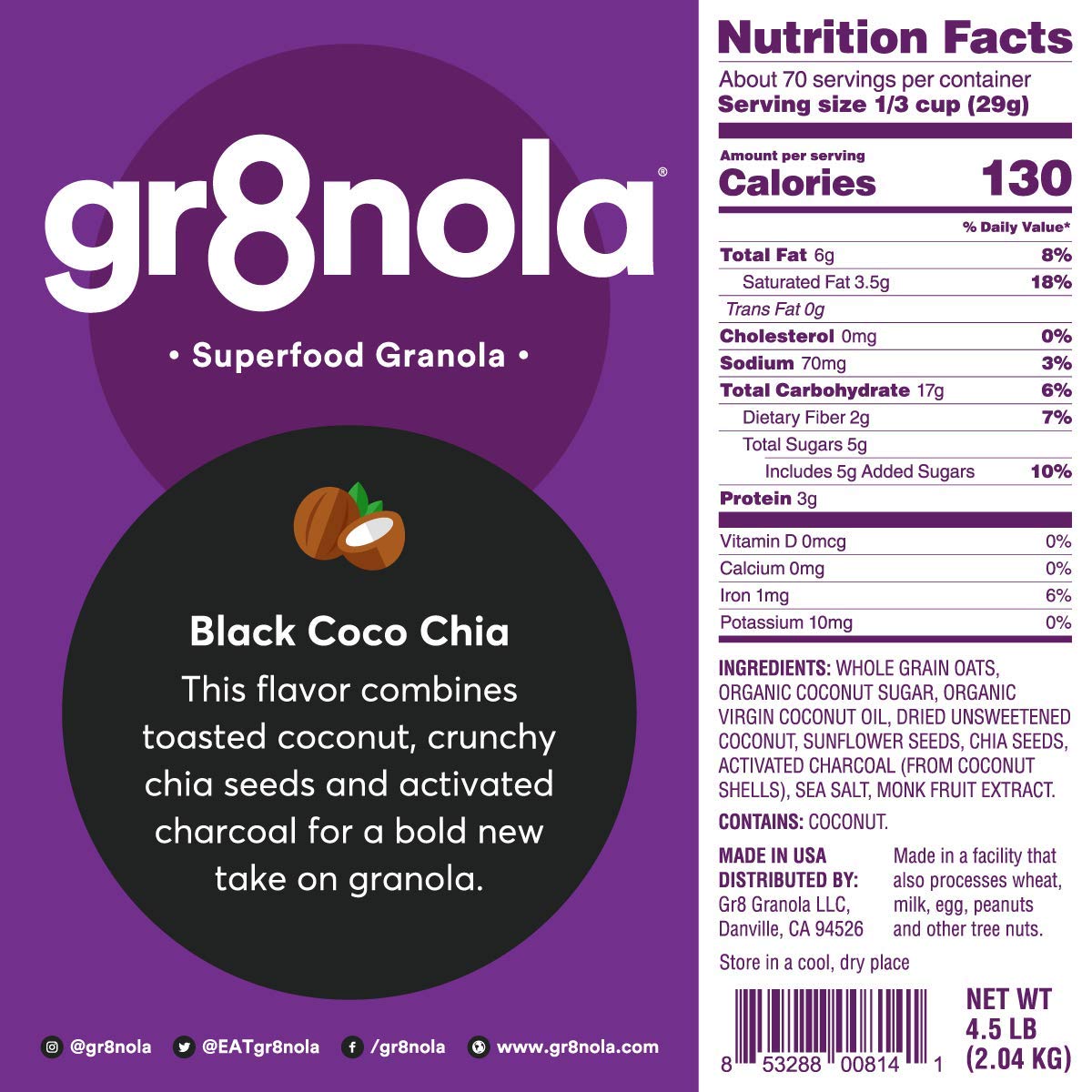 gr8nola BLACK COCO (CHARCOAL) CHIA - Healthy, Low Sugar, Vegan Bulk Granola Cereal - Made with Superfoods Chia Seeds & Activated Charcoal, Soy Free, Dairy Free & No Refined Sugar, 4.5lb Resealable Bag