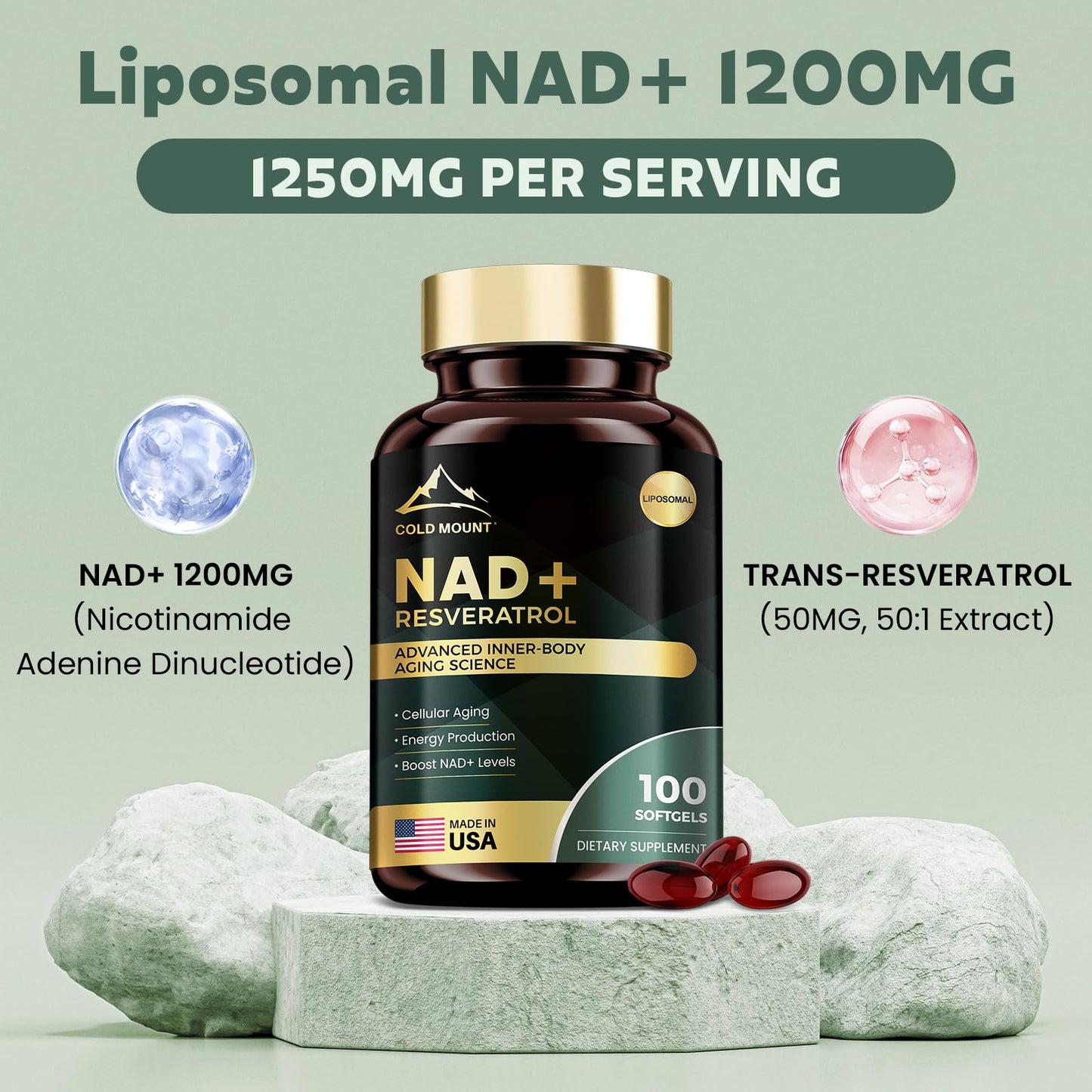 MEGNETA Liposomal NAD+ Supplement 1200mg with Trans Resveratrol - Boost NAD+ Levels, Energy & Anti-Aging Support - Vegan, 100 Softgels