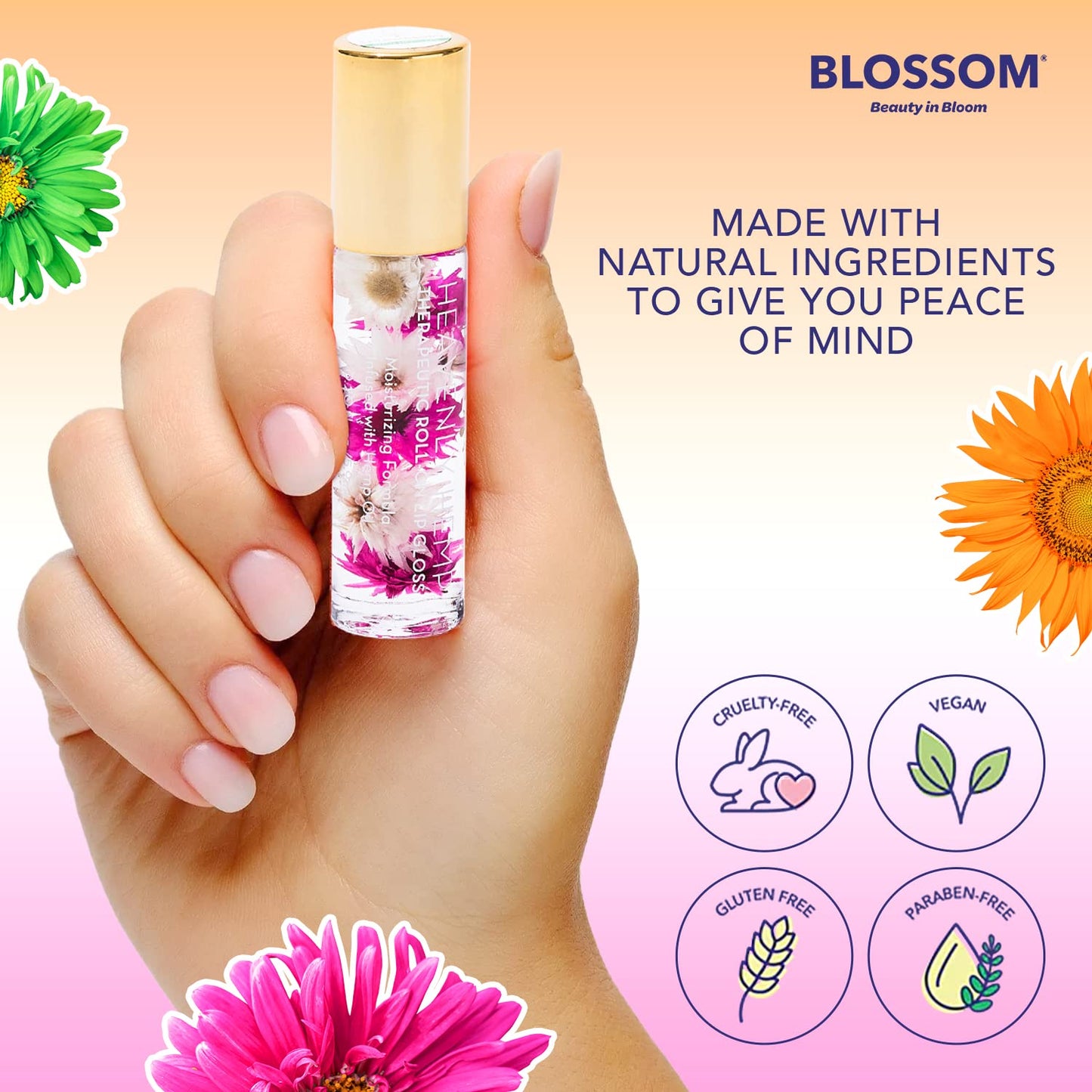 Blossom Roll on Lip Gloss, Scented Clear High Shine Moisturizing Lip Oil, Non Sticky, Infused with Real Flowers, Made in USA, 0.2oz, Strawberry Hemp
