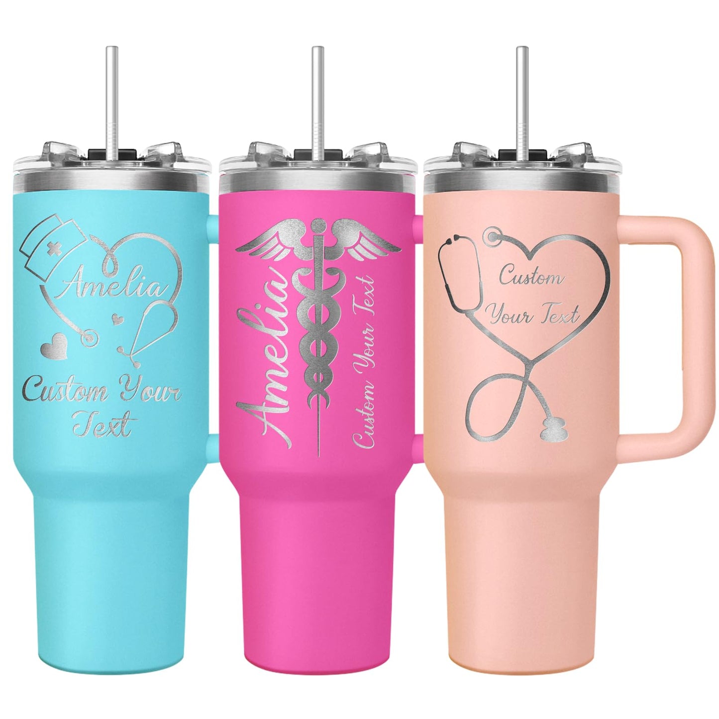 Made in USA - Personalized Tumbler 40oz with Handle and Straw - Custom Stainless Steel Travel Coffee Cup with Engraved Name Text - Personalized Gifts for Nurses Doctor - Nurse Gifts