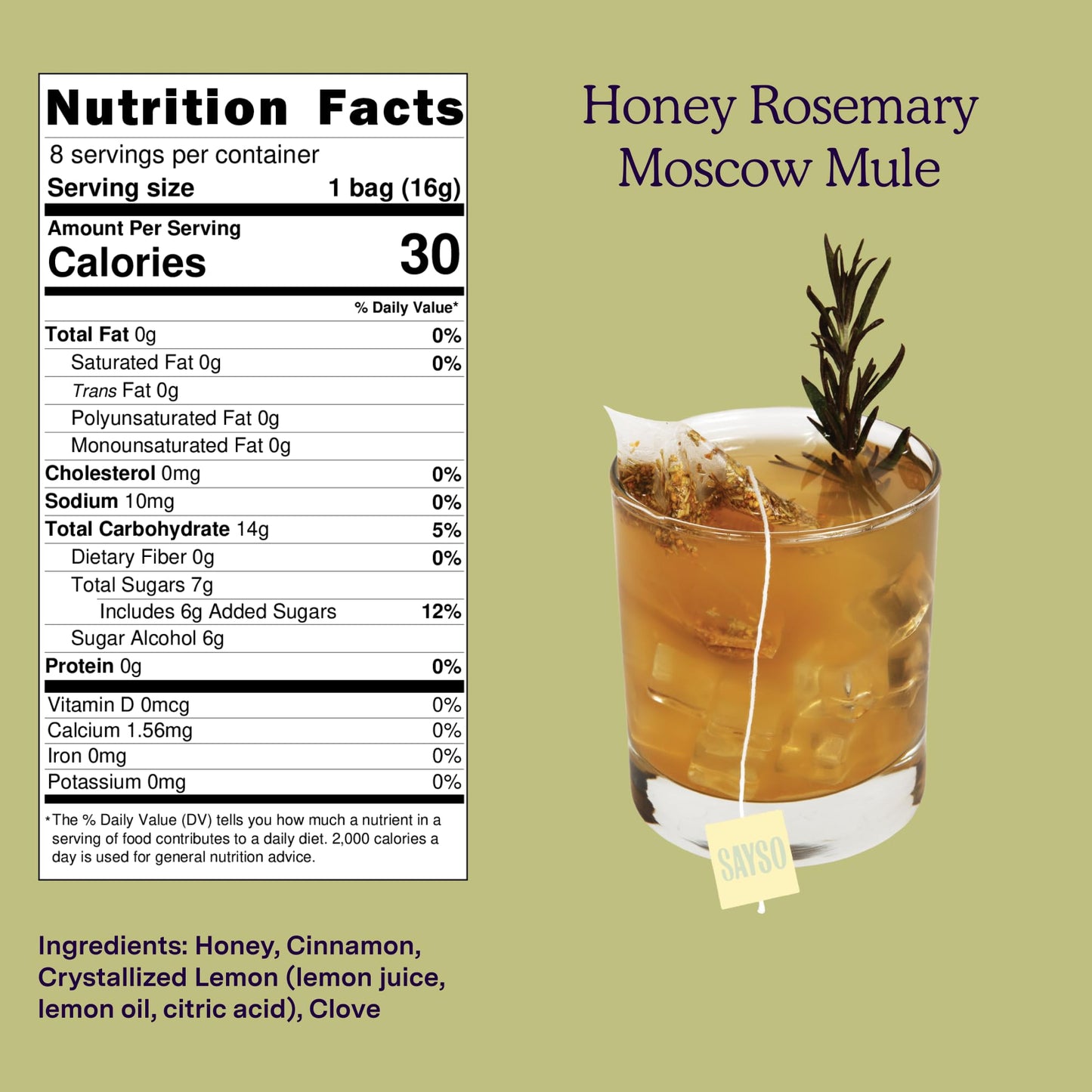 SAYSO Honey Rosemary Moscow Mule | The Original Craft Cocktail Tea Bag Mixer (Steep in Vodka & Cold Water, Enjoy in 1 Min) or Skip the Spirit for Mocktail | Organic, Certified Gluten-free & Non-GMO, 8 Count
