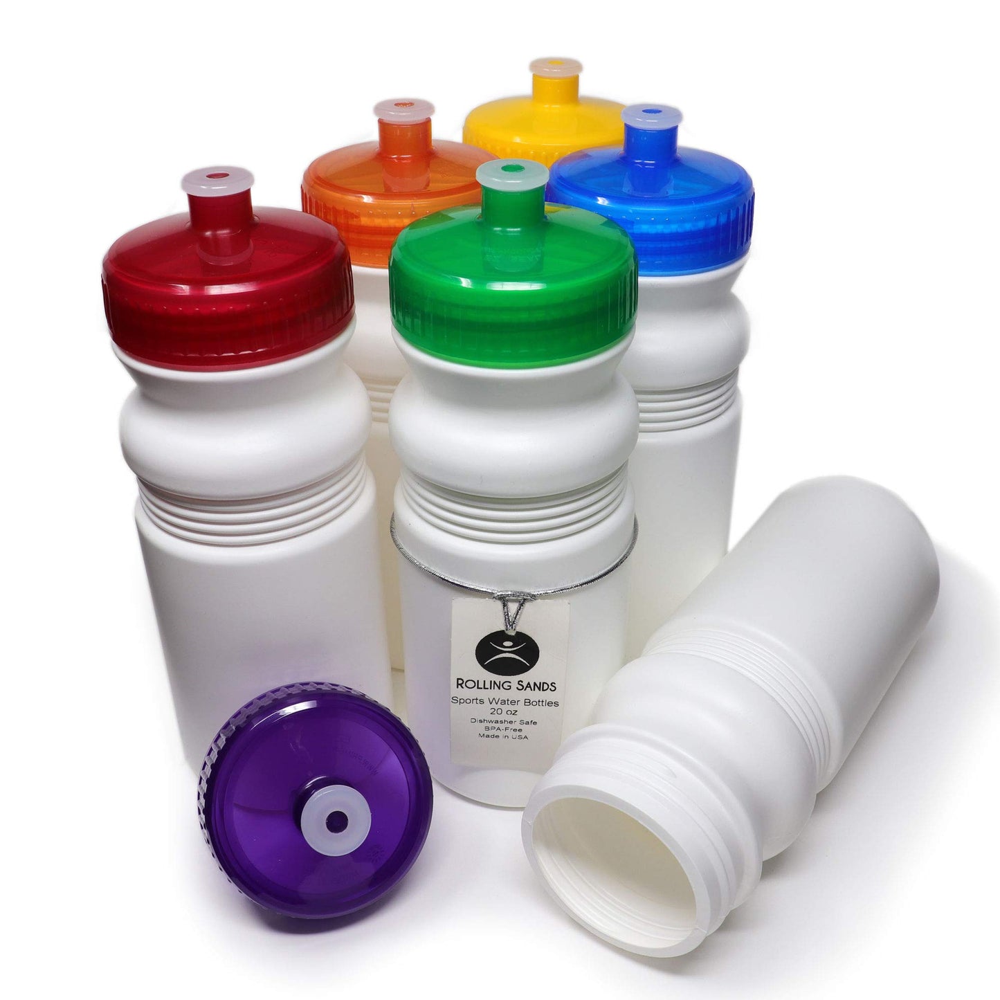 Rolling Sands 20 Ounce Sports Water Bottles 6 Pack, BPA-Free, Made In USA, Dishwasher Safe, White/Rainbow