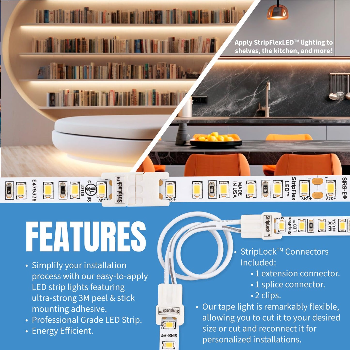 SIRS-E White LED Strip Lights, StripFlexLED Professional Grade Flexible Tape, 24V 120 LEDs/m for Versatile Lighting, Made in USA, UL Listed Soft White 3000K 32.8 ft. 10m