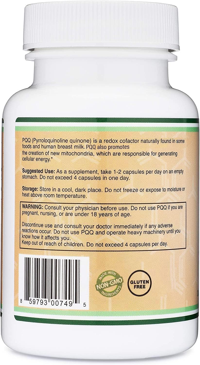 PQQ Supplement - 20mg, 60 Capsules (Pyrroloquinoline Quinone) Promotes Mitochondria ATP Coenzyme Levels, Energy Optimizer and Sleep Support (Non-GMO, Gluten Free, Vegan Safe) by Double Wood