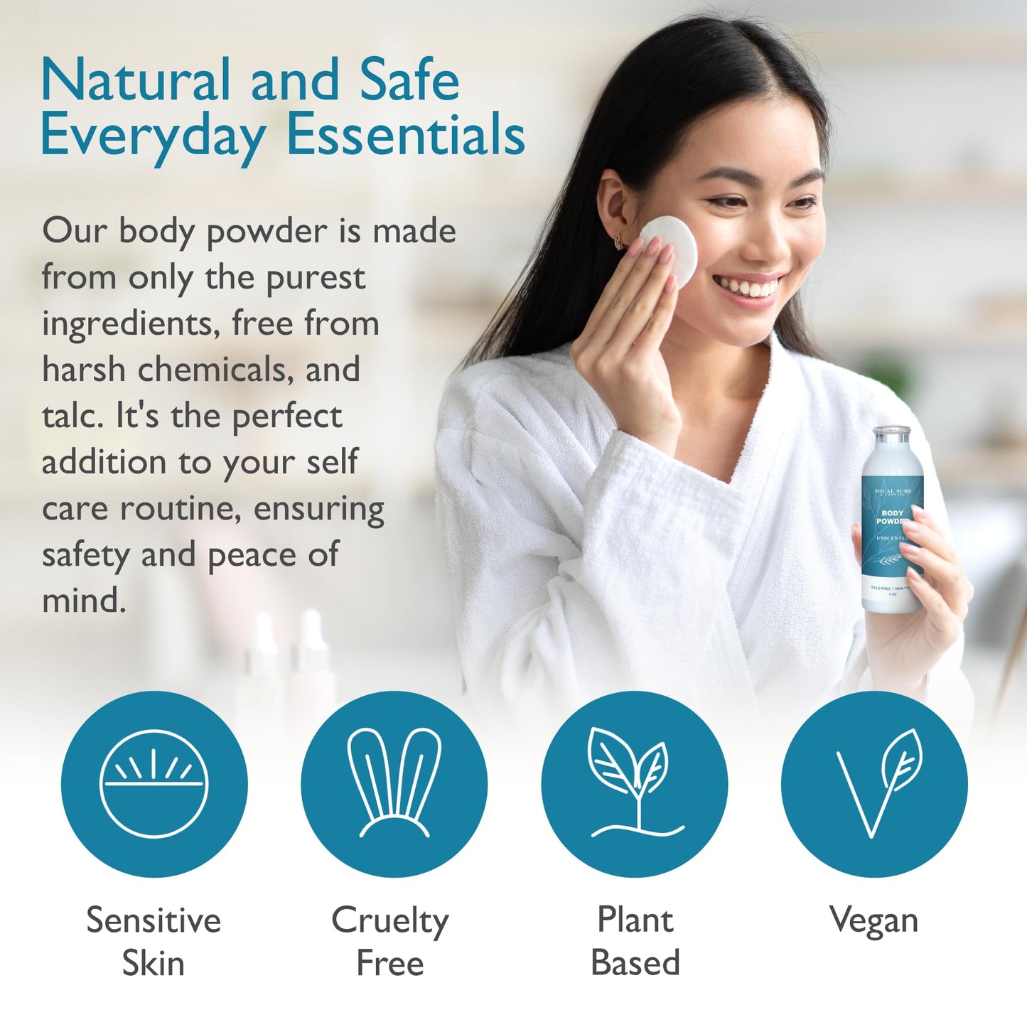 SoCal Suds & Company - Natural Body Powder Talc-Free - with Arrowroot Powder, Kaolin, Aspen Bark Extract for Soft Soothing Delicate Skin - Fragrance Free, 4oz, 1-Pack