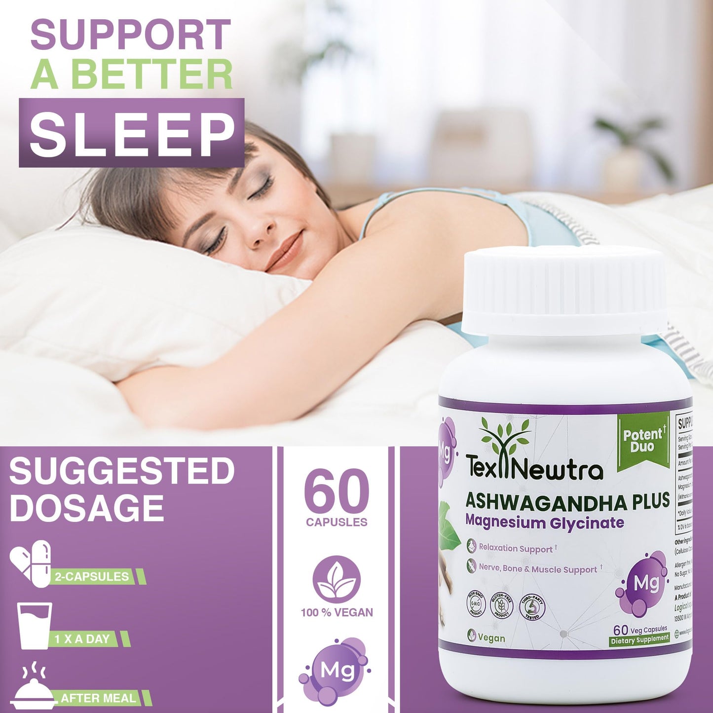 TEX NEWTRA Ashwagandha Vegan Root Extract (5% Withanolides) & Magnesium Glycinate Supplement – Non-GMO, Gluten-Free, Allergen Free and Lactose Free – 60 Capsules