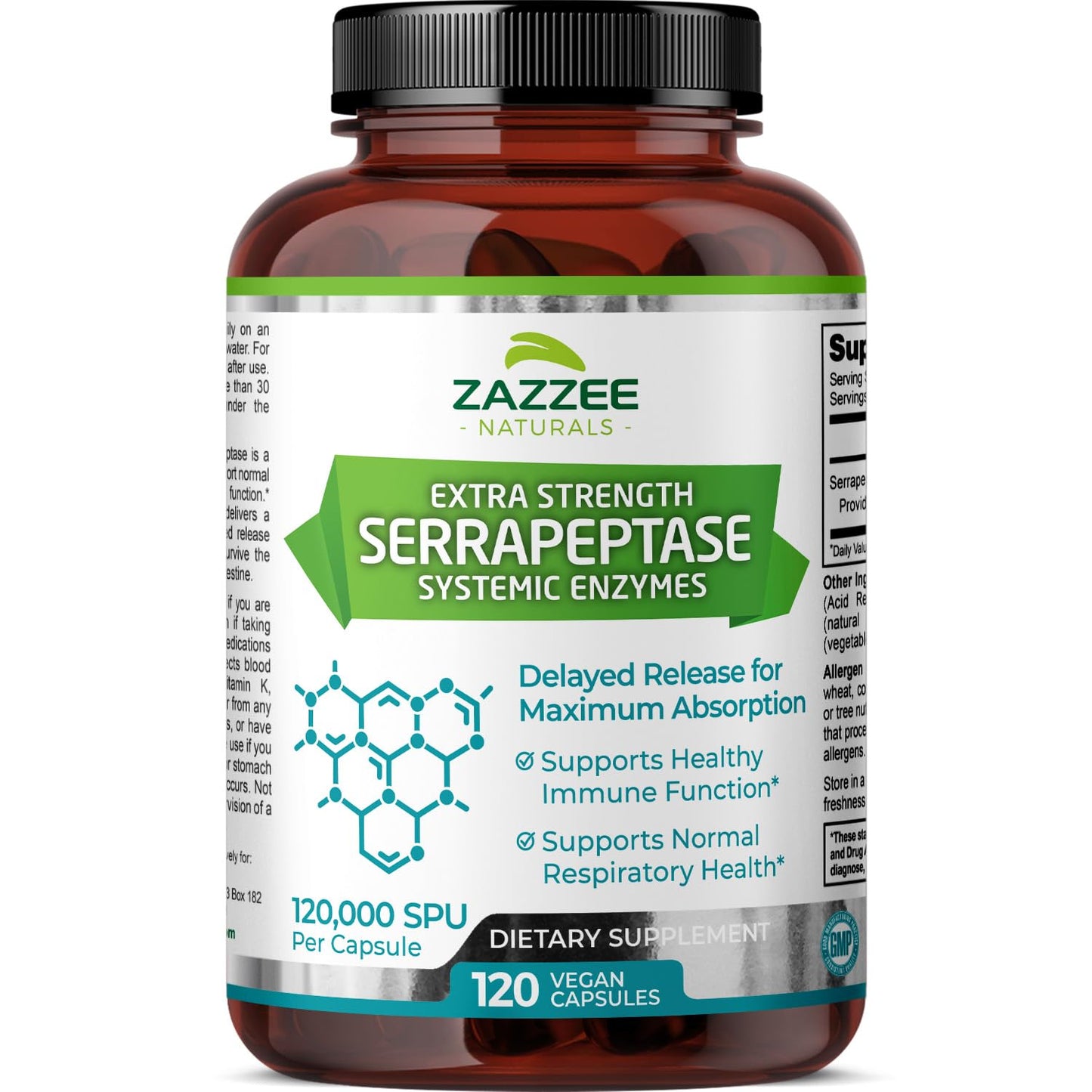 Zazzee Delayed Release Serrapeptase, 120,000 SPU per Capsule, 120 Vegan Capsules, 4 Month Supply, Extra Strength, Potent and Concentrated Systemic Enzymes, 100% Vegetarian, All-Natural and Non-GMO