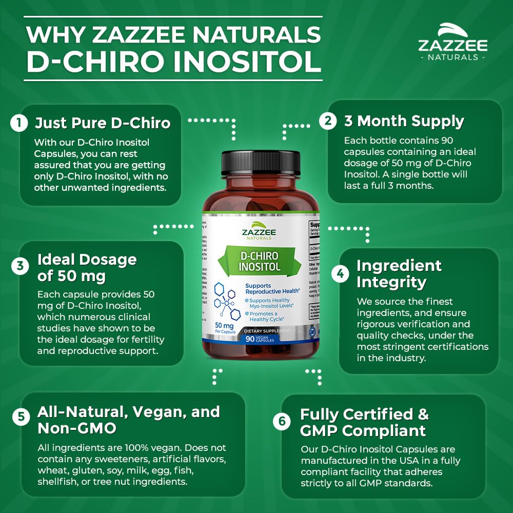 Zazzee D-Chiro-Inositol, 50 mg per Capsule, 90 Vegan Capsules, Ideal Dosage for 40:1 Ratio with Myo-Inositol, 3 Month Supply, 100% Vegetarian, Non-GMO