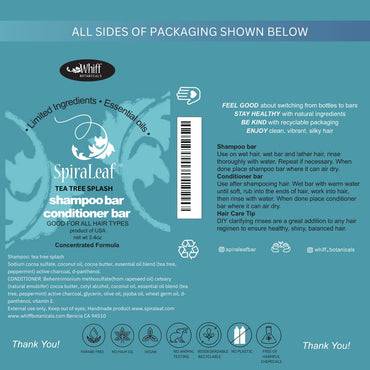 SPIRALEAF Solid Shampoo Bar & Conditioner Bar Set, TEA TREE SPLASH Essential Oil Blend, Limited Ingredients, Concentrated Formula, Fragrance-Free, Dye-Free, Premium Hair Care and Shave Bars