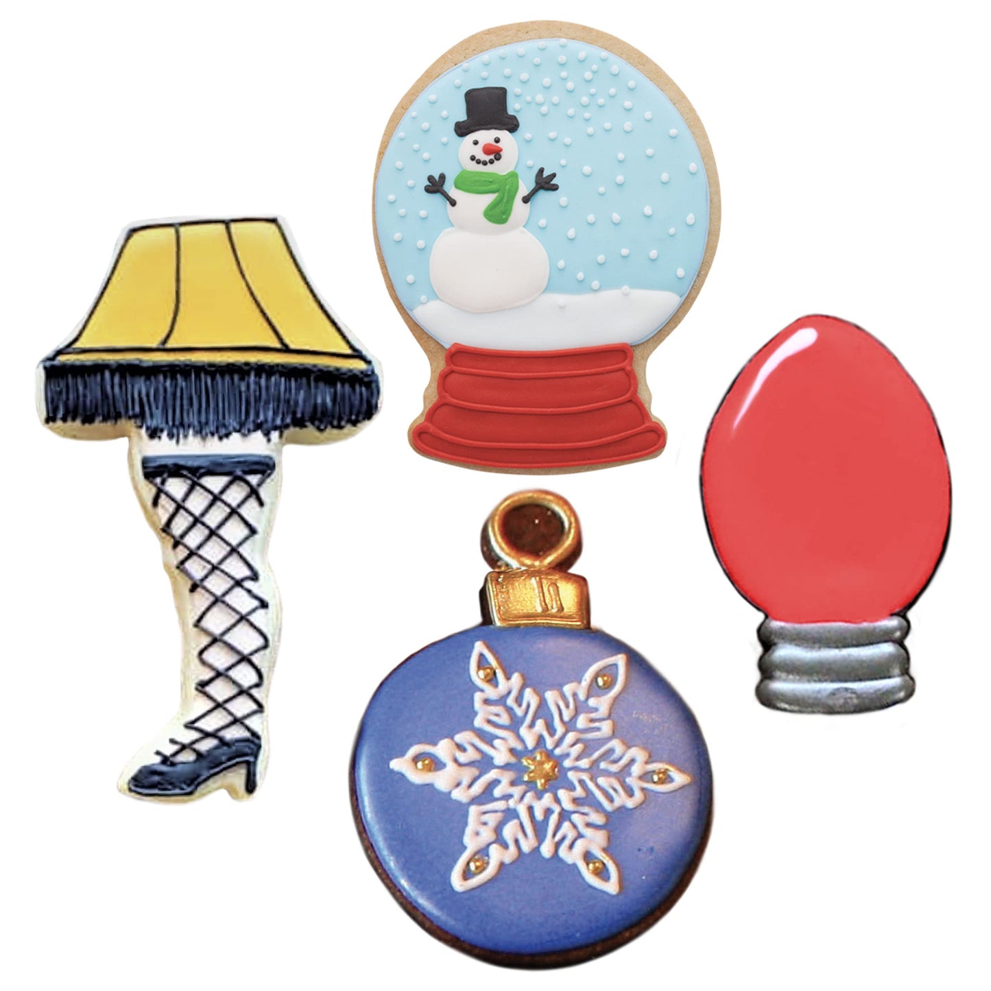 Christmas Cookie Cutters 4-Pc. Set Made in USA by Ann Clark, Snow Globe, Ornament, Light Bulb, Leg Lamp