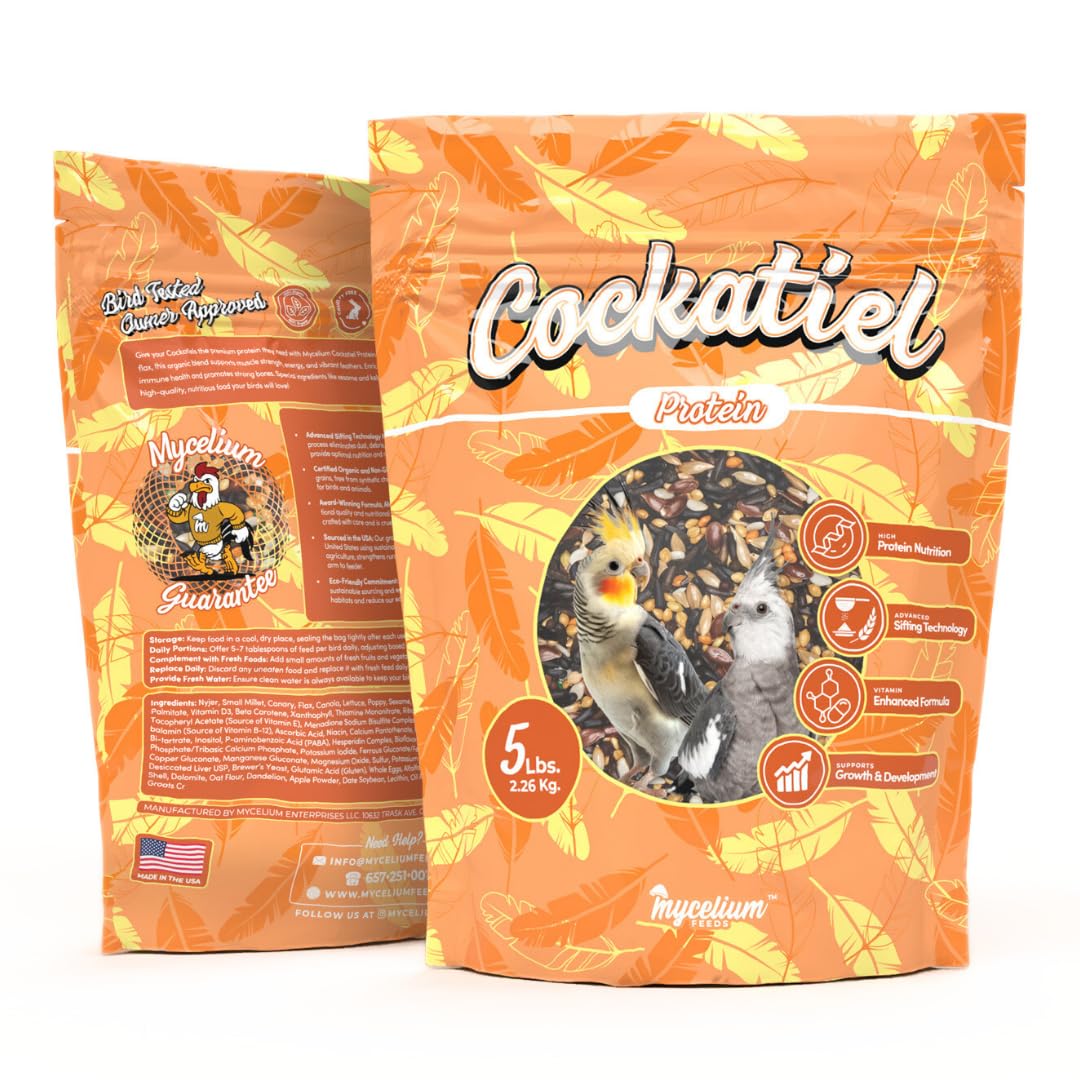 Mycelium Organic Cockatiel Protein Feed (5 LB Bag) | High-Protein, High-Fat Bird Seed for Energy, Growth, & Development | Seed & Superfood Blend for Cockatiels | Non-GMO, Made in USA
