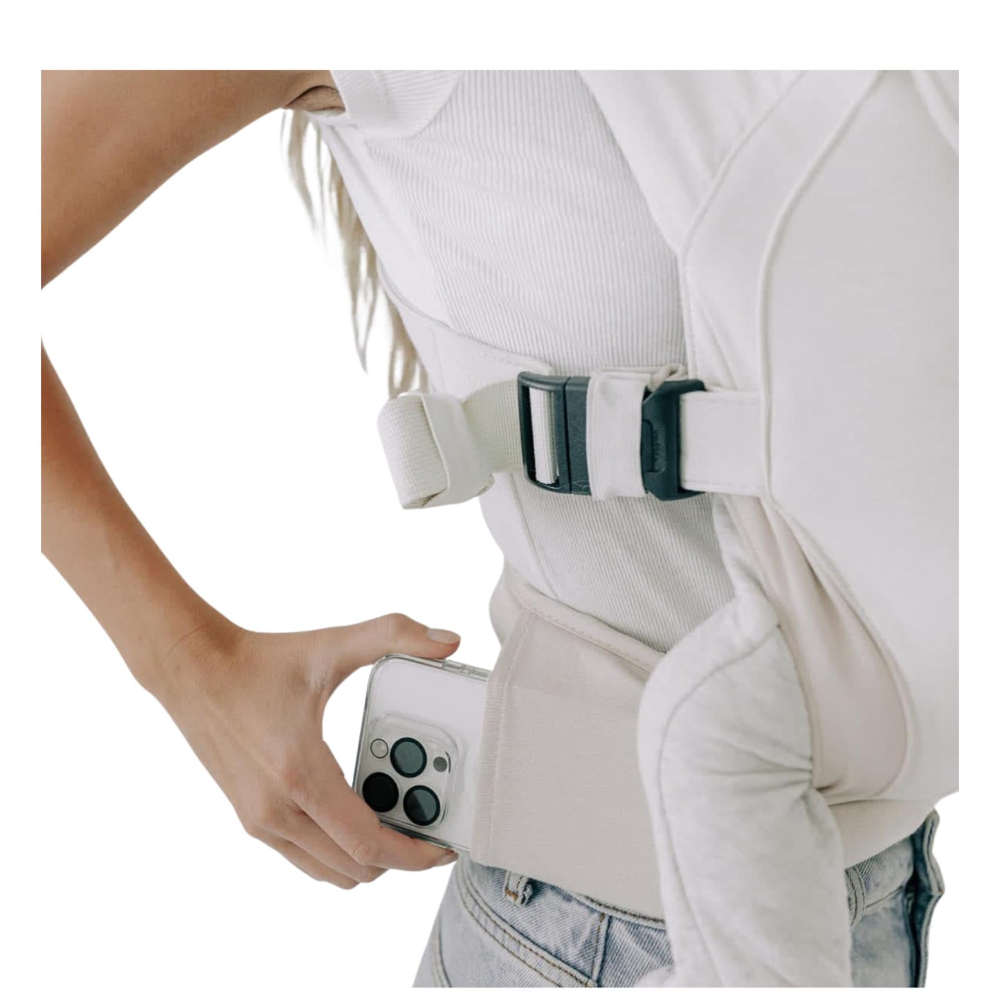 Tushbaby Pearl Newborn Carrier – Ergonomic Wrap for Newborns 8-20 lbs – Hands-Free Baby Carrier with Storage, Bottle Holder & Wipe Attachment – Soft, Breathable Fabric & Adjustable Fit - Cream