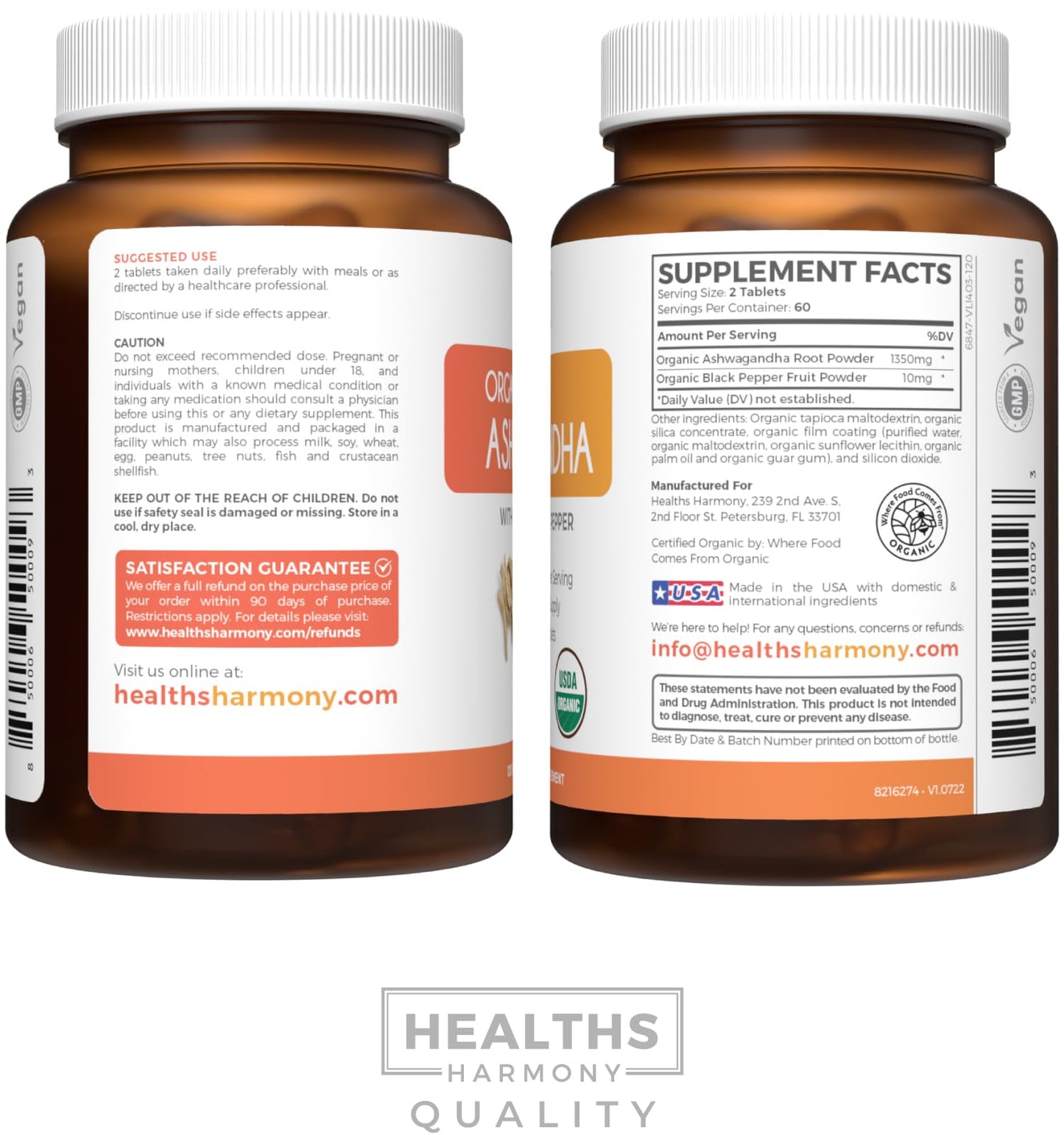 USDA Organic Ashwagandha Supplement - High Potency Ashwagandha Pills Made With Organic Black Pepper for Enhanced Absorption - Vegan Non-GMO Made in the USA & Lab Verified (2 Months Supply)