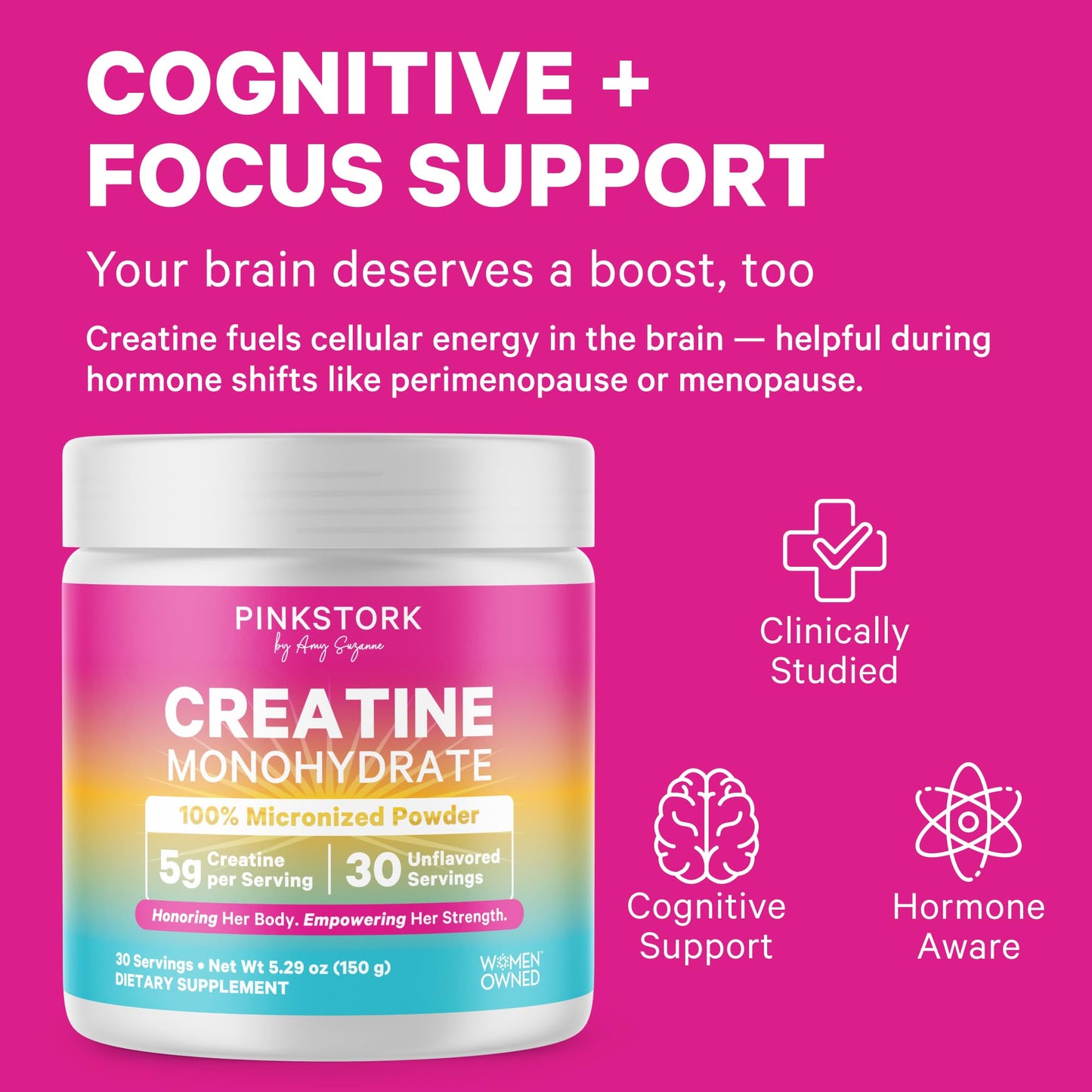 Pink Stork 5g Micronized Creatine Monohydrate Powder for Women - Support Muscles, Cellular Energy, Cognitive Function - Essential Amino Acid - Clean Alternative to Pills or Gummies - 30 Servings