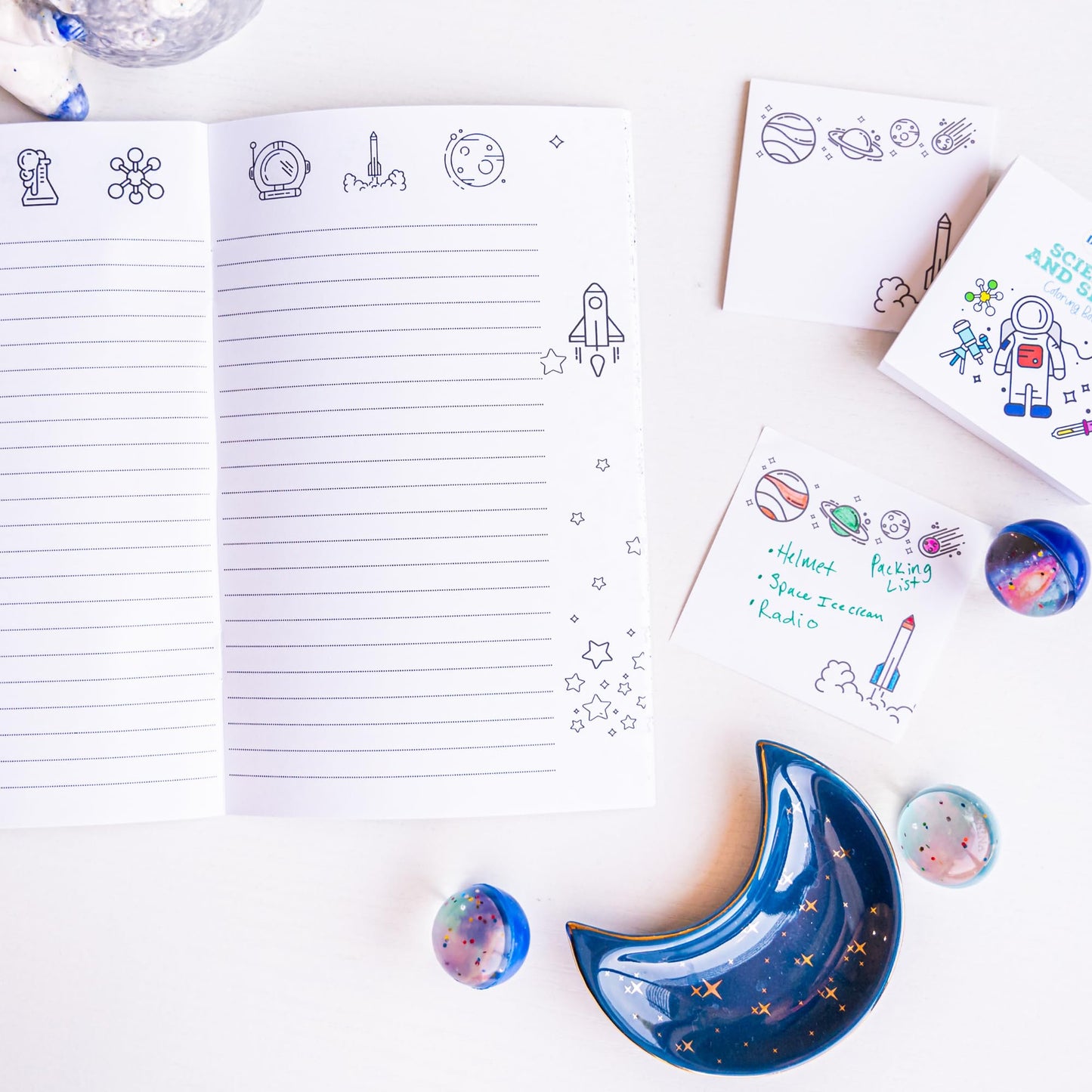 A Brighter Year Space Edition Bundle - Adult Mini Coloring Book (3" x 3", 50 Pages), Lined Notebook, & Post It Notes (25-3” x 3”) Stress & Anxiety Relief - for Mindfulness, Relaxation, Gift, Travel