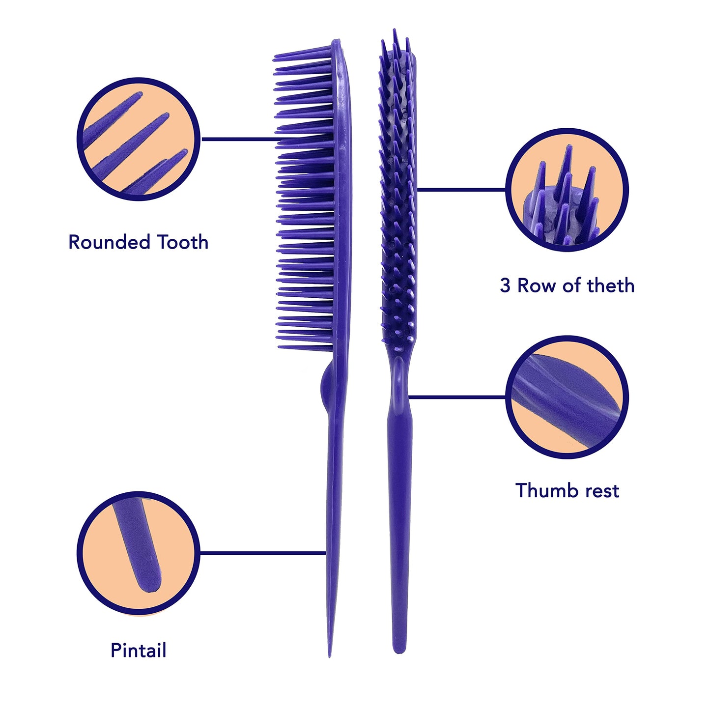 Allegro Combs 60 Parting Three Row Combs Salon Hairstylist Hairdresser Detangle Combs For Natural Hair And Wigs For Curly Hair Made In The Usa 2 Pcs. (Purple)
