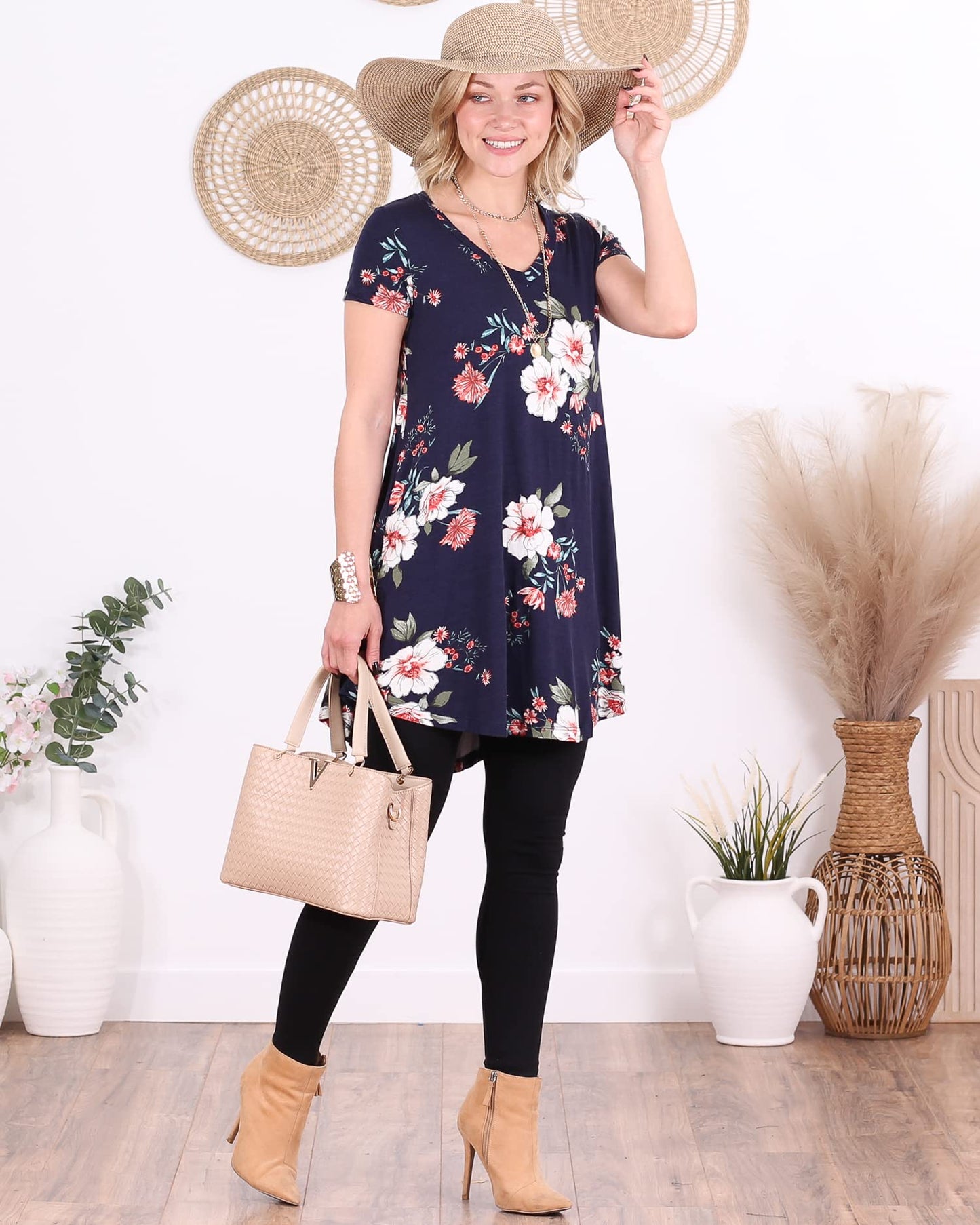 Popana Womens Short Sleeve Summer Tunic Tops to Wear with Leggings Loose Fit Made in USA Floral