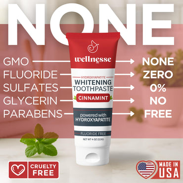 Wellnesse Hydroxyapatite Toothpaste – Fluoride Free for Sensitive Gums – Anti-Plaque, Remineralizing, Enamel Protection & Natural Whitening Toothpaste for Adults – Cinnamint Flavor - 4 oz