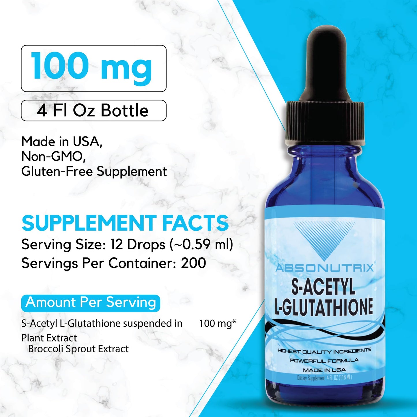 Absonutrix S-Acetyl L-Glutathione 100 mg per Serving 4 oz Liquid 200 Servings, Helps Detoxify Body, Boosts General Health, Helps Boost Energy Level, Quick Absorption, Gluten-Free, Made in USA,