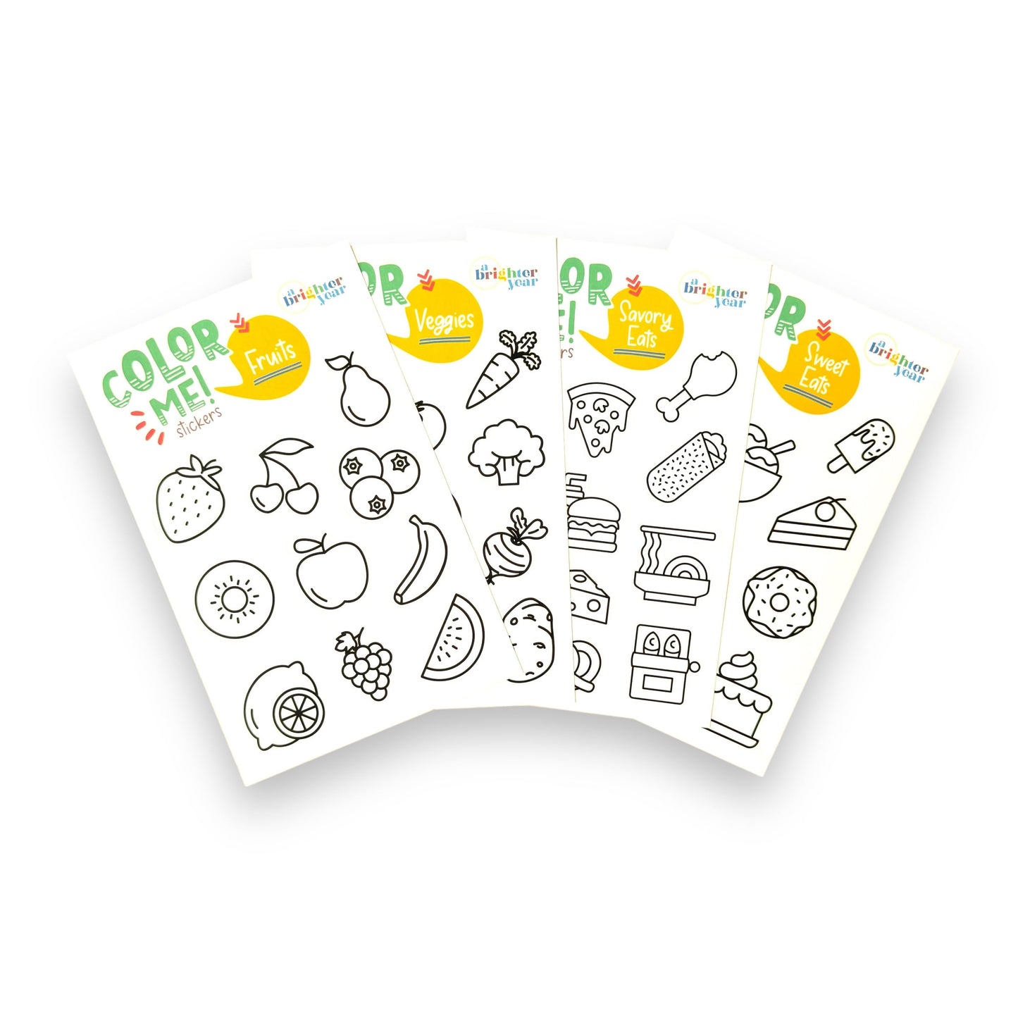 A Brighter Year Color-Your-Own Sticker Bundle, Fun Eats Edition - 4-Pack of 8.5” x 5.5” Sheets of 10 Stickers Each – Each Sticker is 1.5-2” x 2-3” - Notebooks, Planner, Gift Wrap