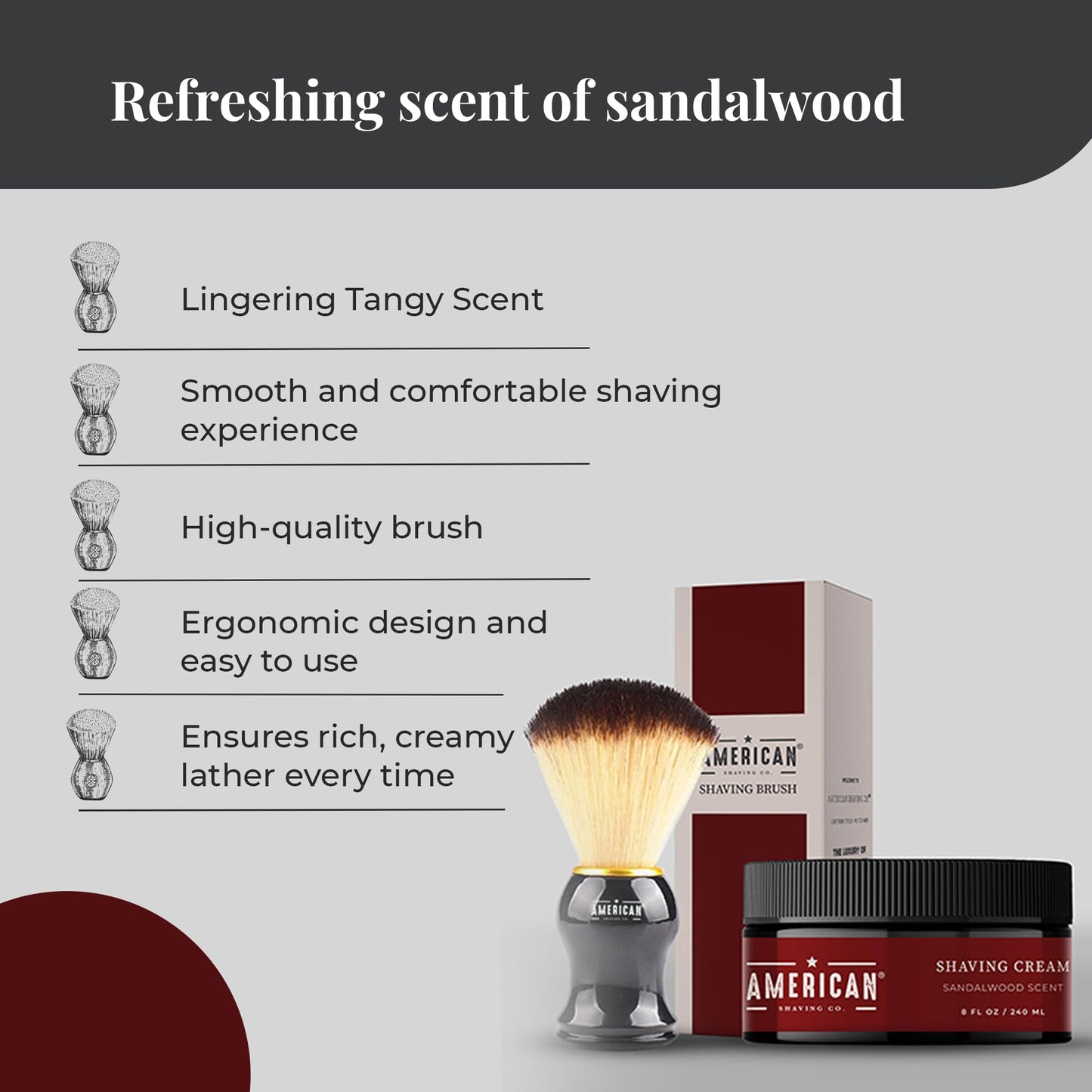 American Shaving Co. Sandalwood Shaving Cream For Men With Shaving Brush 8 oz, Made in USA, Easy Application, Quality Potent Ingredients, Non-GMO, GMP Certified, Cruelty-Free Products