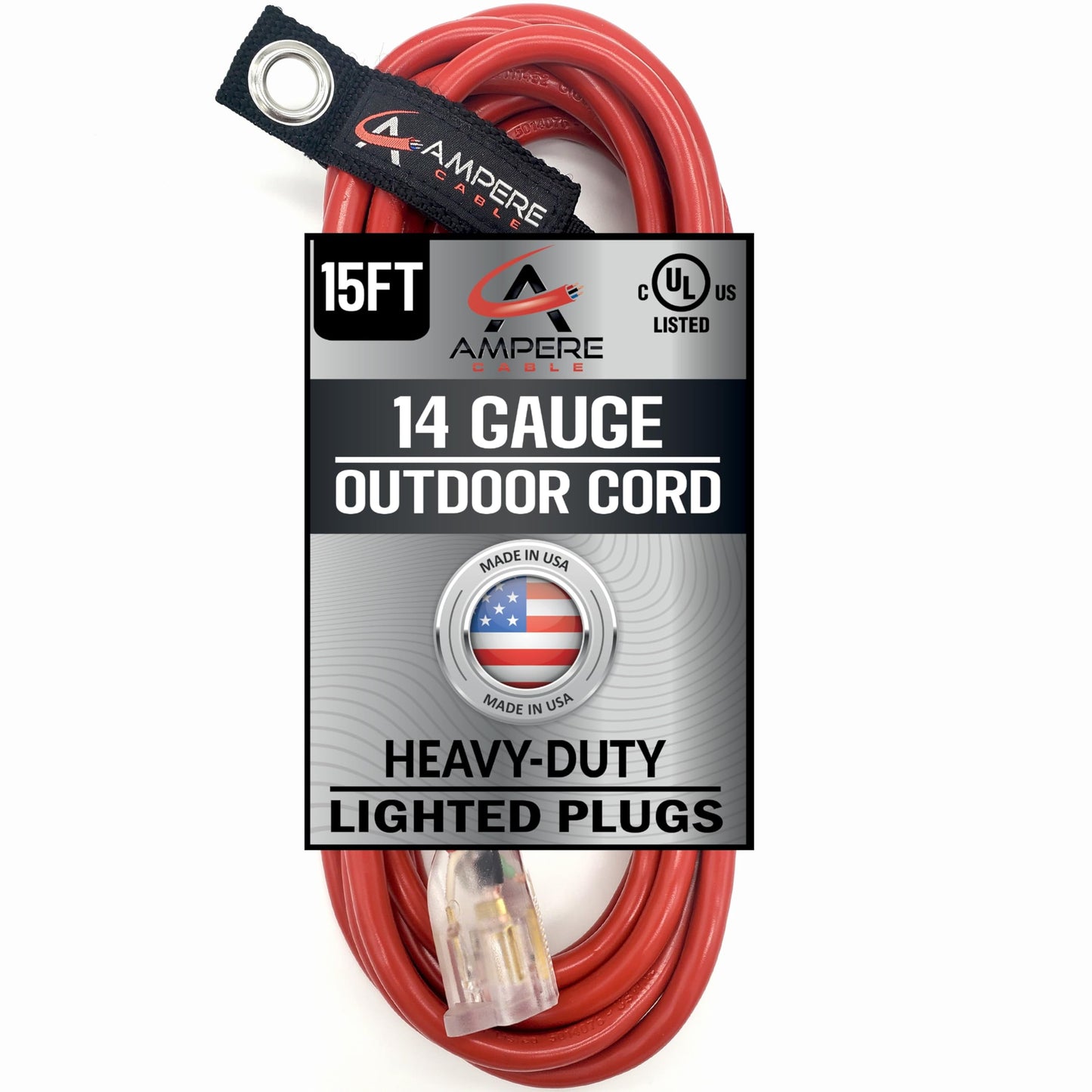 15 ft - 14 Gauge Extension Cord Outdoor - Made in USA - Lighted on Both Ends - Red Outdoor Extension Cord Waterproof by Anthem Cable - Heavy Duty Extension Cord