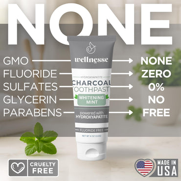 Wellnesse Activated Charcoal Whitening Toothpaste with Xylitol, Fluoride-Free Hydroxyapatite Black Charcoal Toothpaste for Adult Fresh Breath, Natural Teeth Whitening, Mint Flavor, 4 oz (Pack of 1)