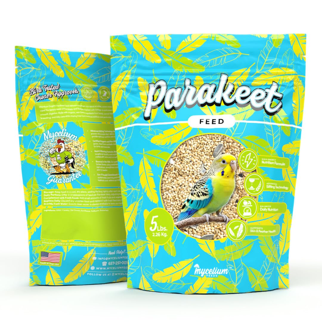 Mycelium Parakeet Feed (5 LB Bag) | Organic Bird Food for Parakeets, Budgies & Small Pet Birds | Supports Skin & Feather Health | Complete, Nutritious Diet | Dust-Free, Non-GMO, Made in USA