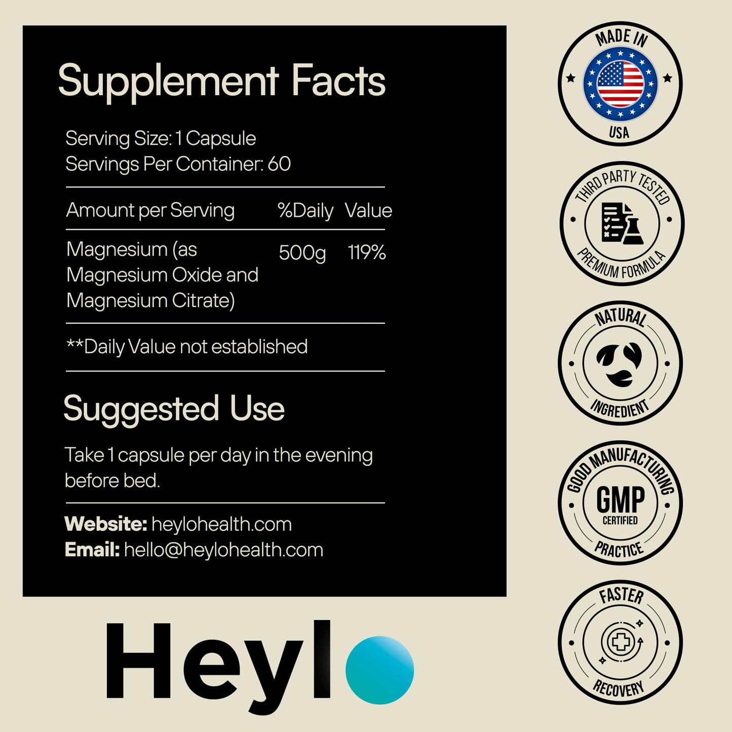 Heylo Magnesium Citrate Complex 500 mg - High Absorption Formula for Muscle Relaxation, Energy Support, Bone & Heart Health, Digestion, Stress Relief - Non-GMO, Vegan, 60 Capsules