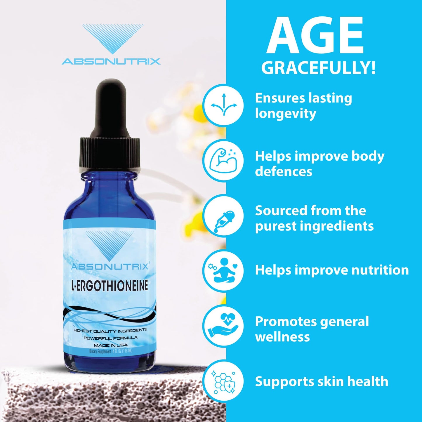 Absonutrix L-Ergothioneine Liquid Supplement 590 mg, 200 Servings, Made in USA, Quick Absorption, Quality Potent Ingredients, Non-GMO, GMP Certified Facility, Cruelty-Free Products