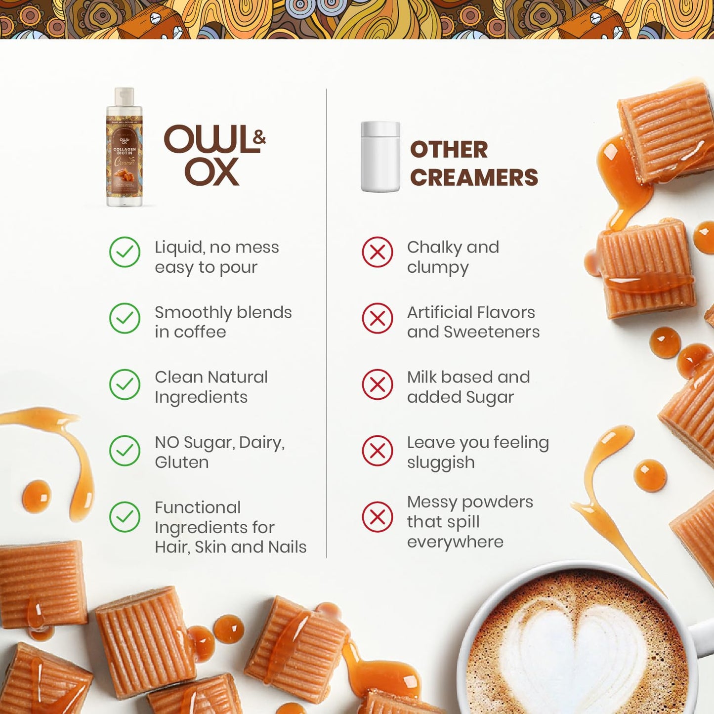 Owl & Ox Collagen Coffee Creamer Biotin-Infused for Healthy Hair, Skin & Nails | Keto, Dairy-Free, Sugar-Free, Gluten-Free | Liquid Salted Caramel | 30 Servings